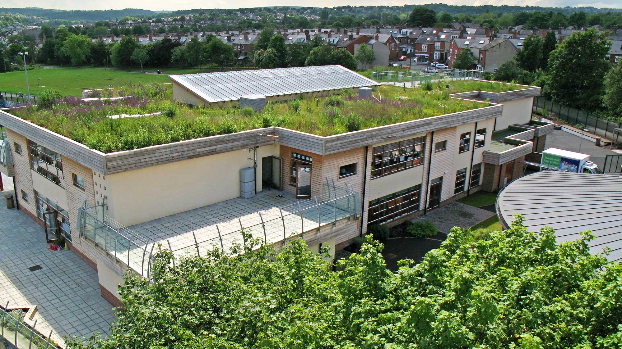 Sharrow Primary School building showing Biodiverse green roof