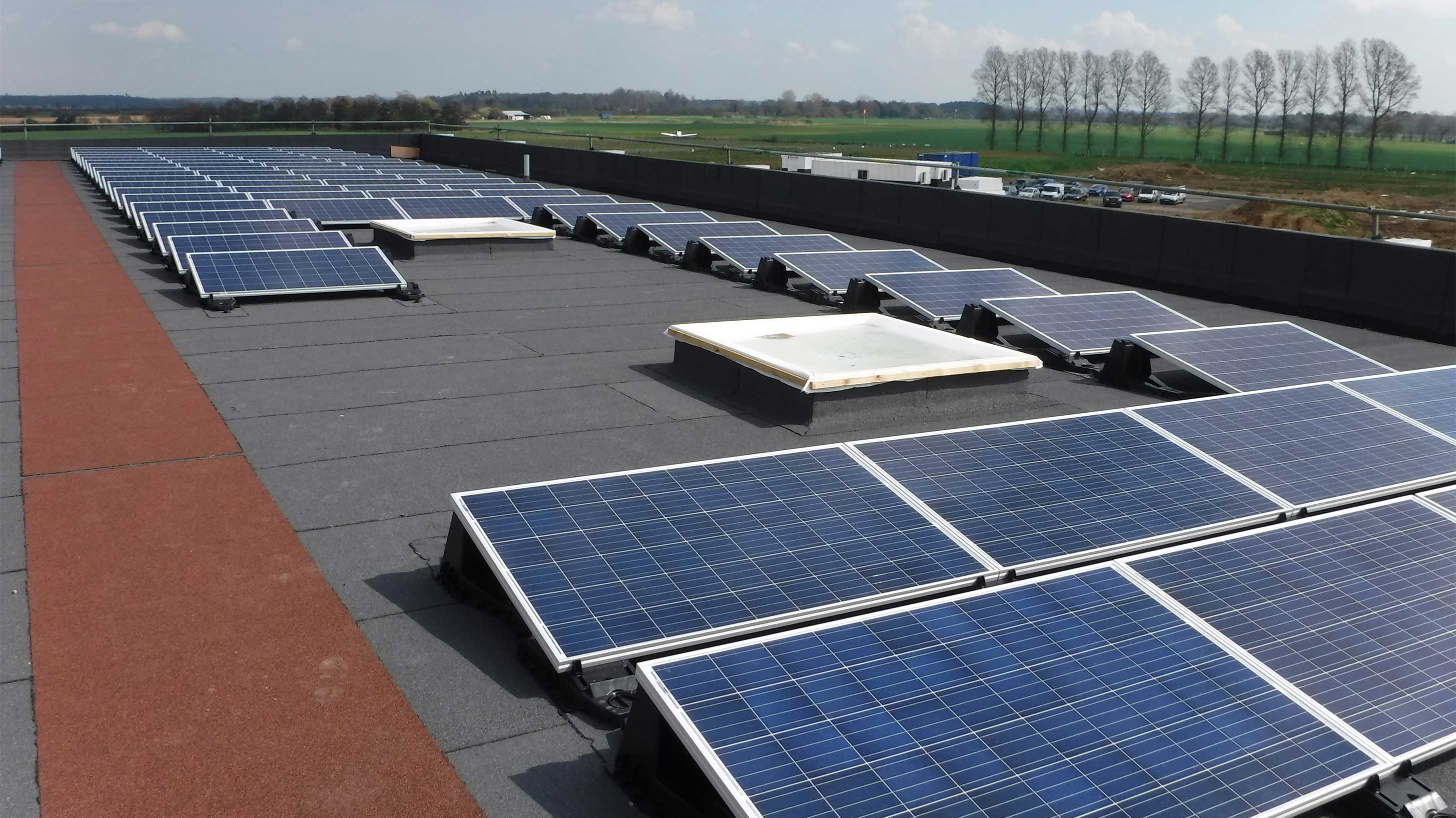 Sybil Andrews Academy rooftop with array of solar PV systems