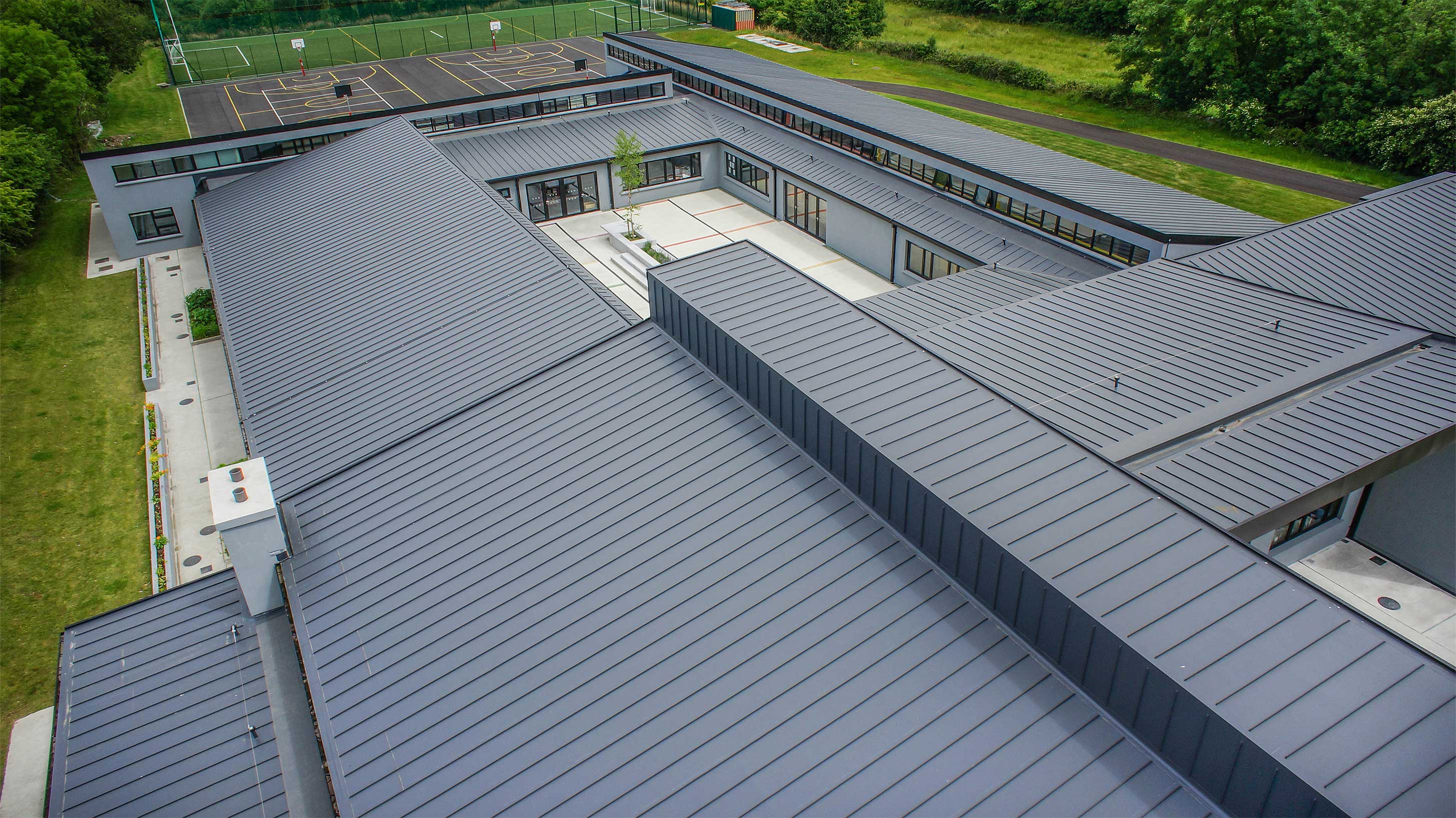 close up Aerial view of Oughterard National School with Bauder Thermofol PVC single ply waterproofing system installed