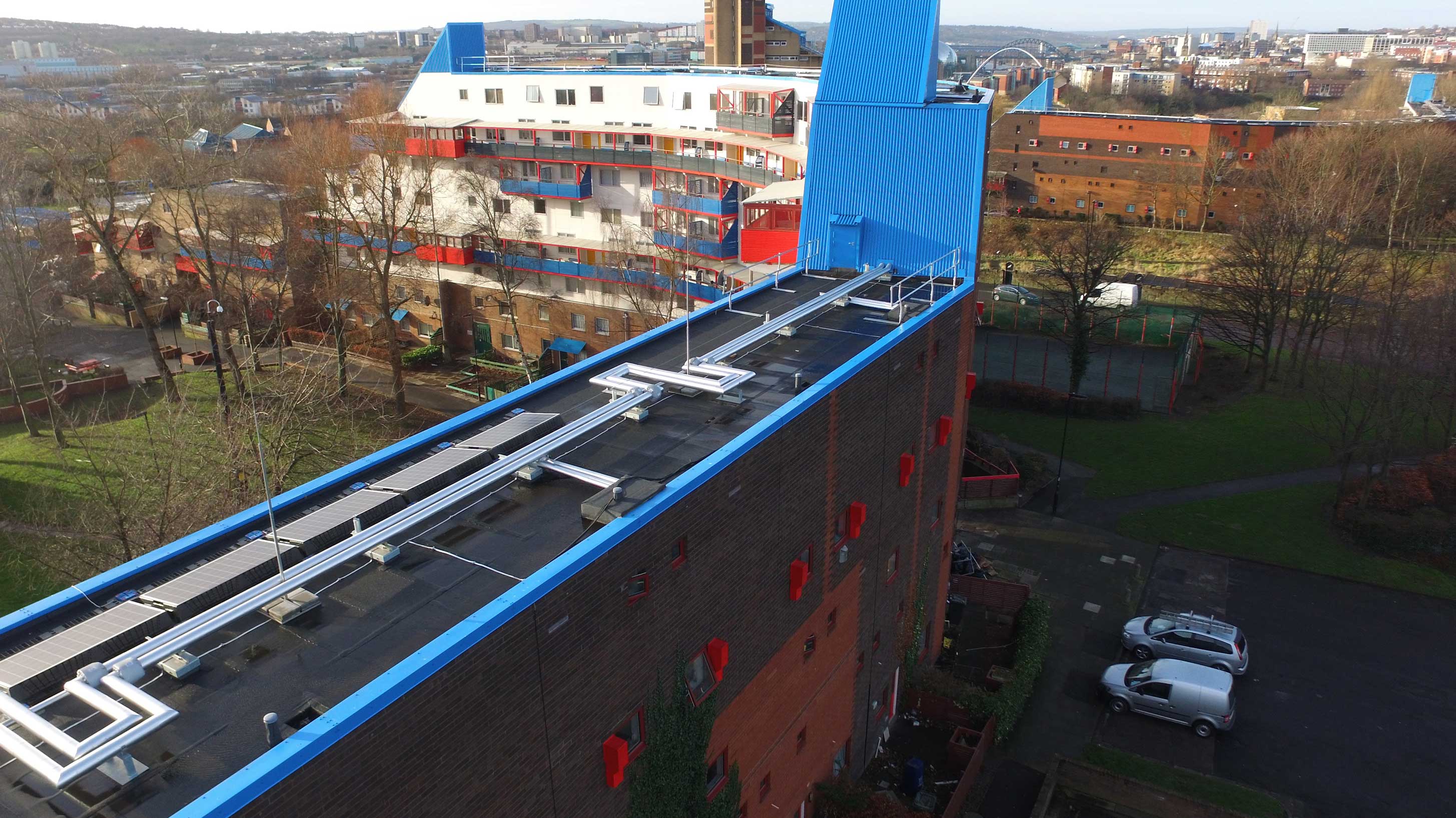 A building in Byker Wall estate, showing roof completed with Bauder Total Roof System 