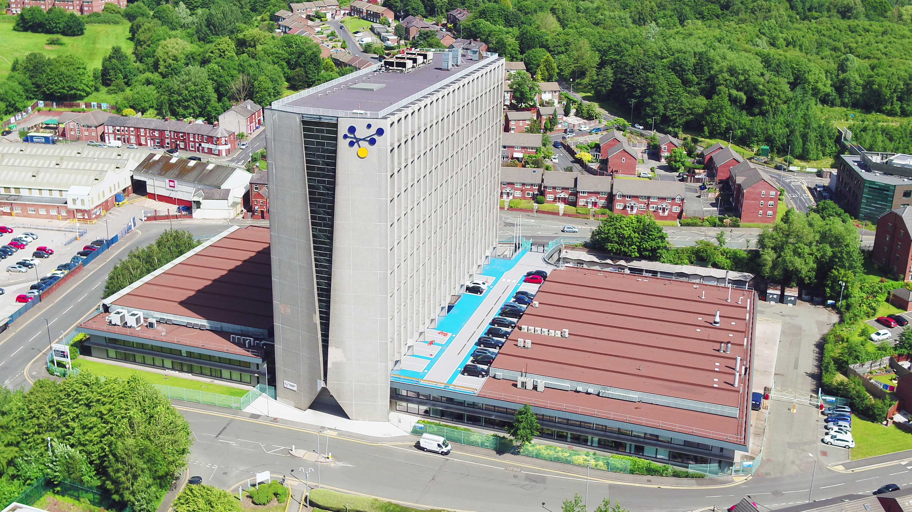 Aerial view of Hexagon Tower, Manchester, with Bauderflex bituminous waterproofing system installed on roof