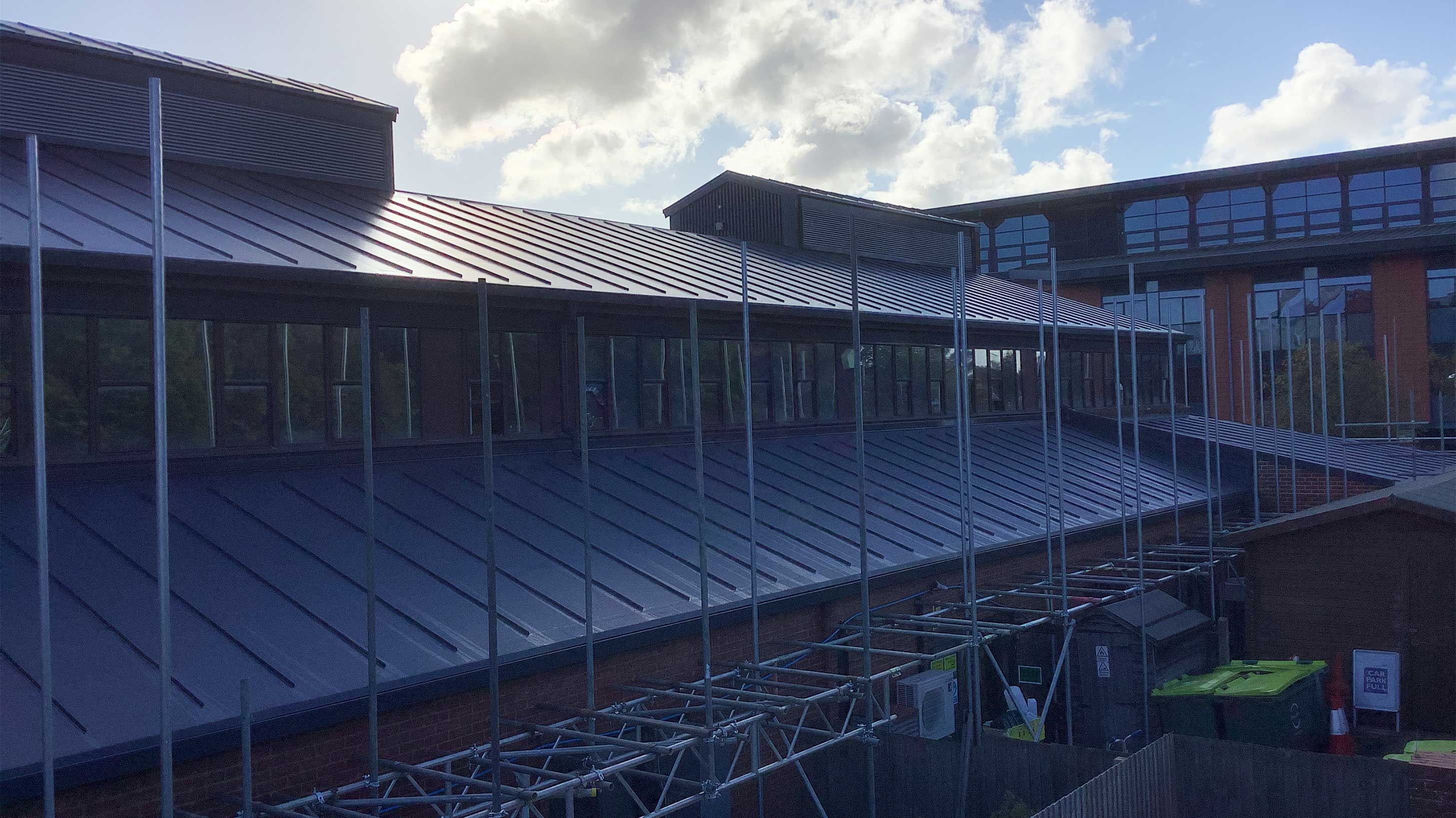 Scaffolding setup at West Suffolk College for roof refurbishment