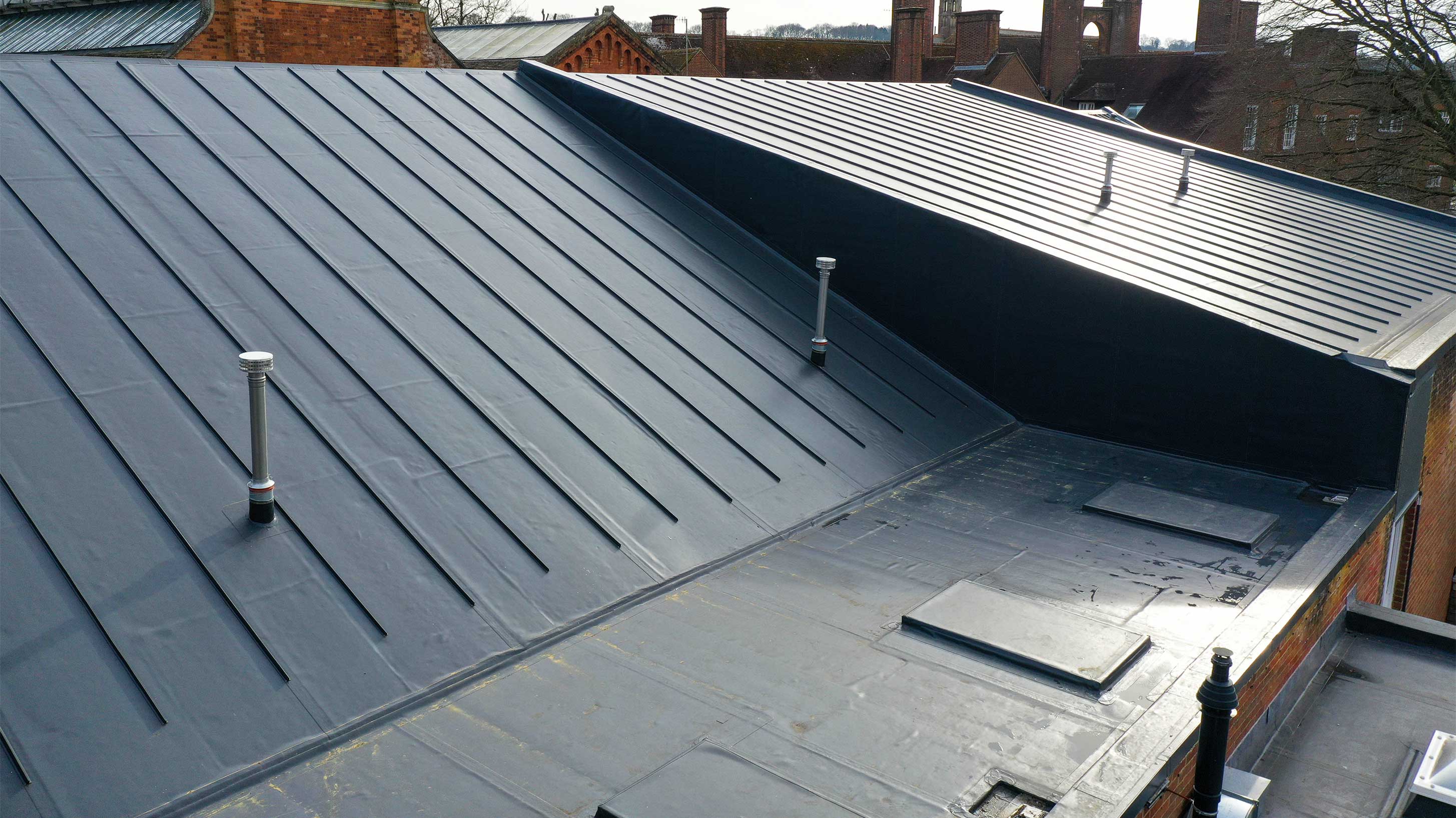 Roof of Marlborough College with Bauder Thermofol single ply waterproofing system installed
