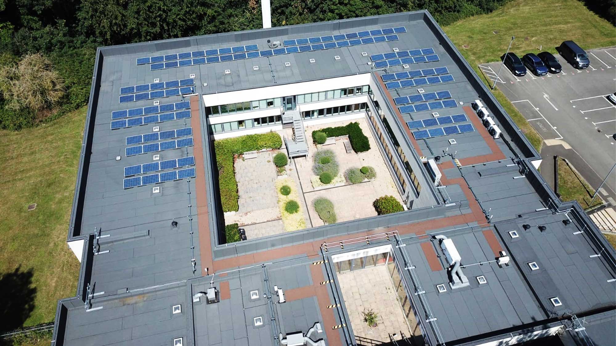 Roof of Priestley House, with Bauder Total Roof System installed with BauderSOLAR