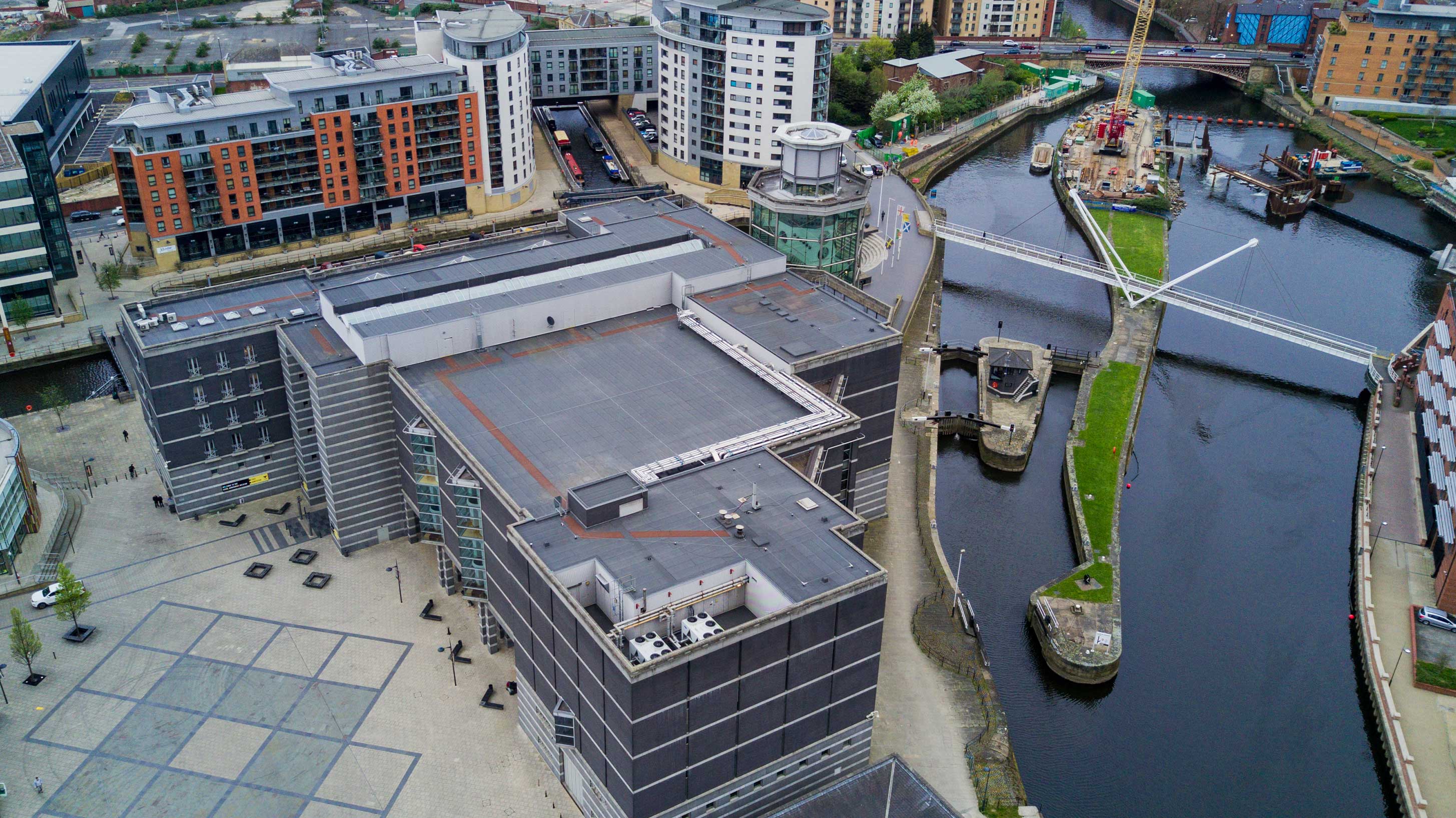 Aerial view of Royal Armouries building next to the River Aire