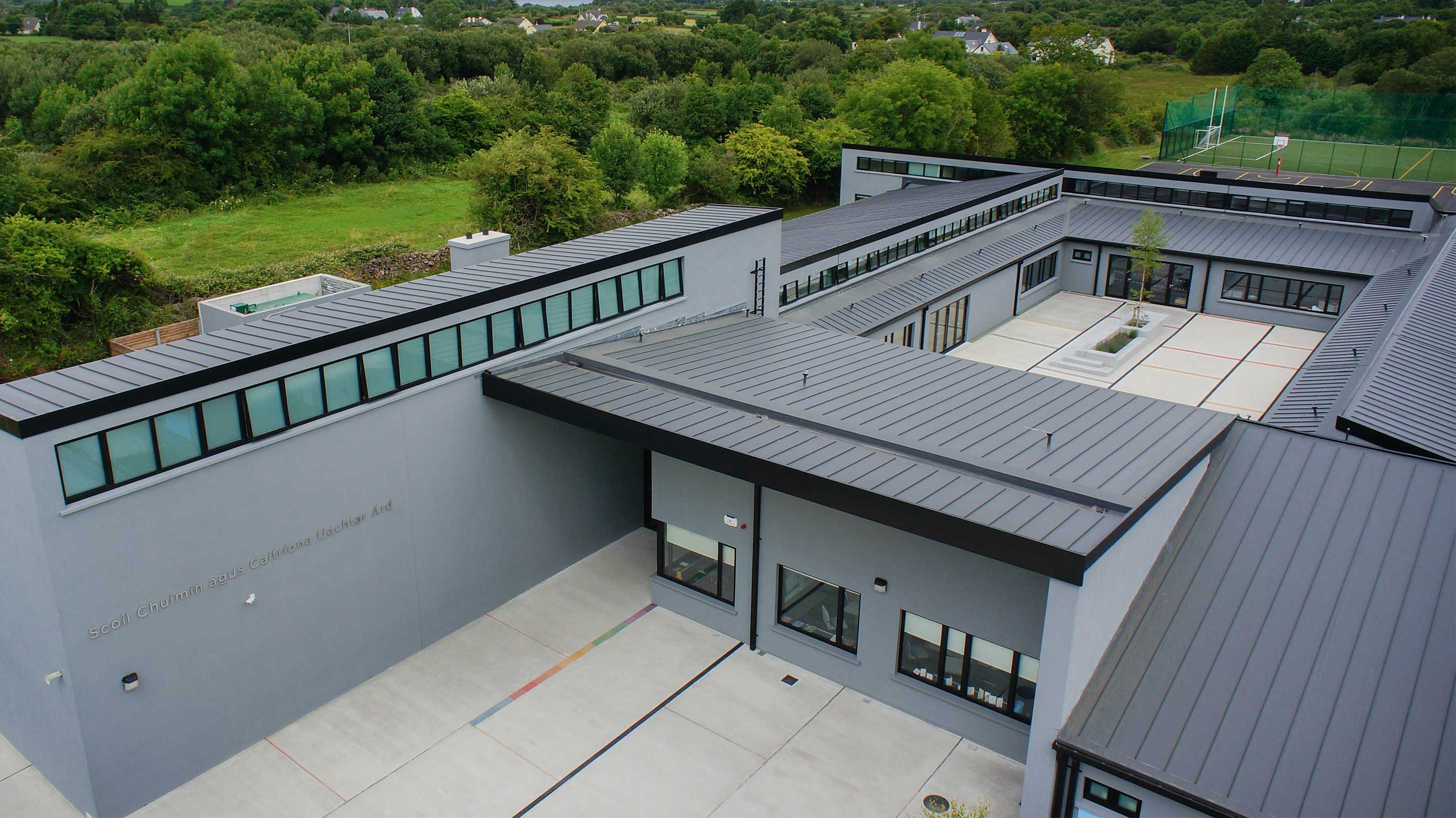 Aerial view of Oughterard National School with Bauder Thermofol PVC single ply waterproofing system installed