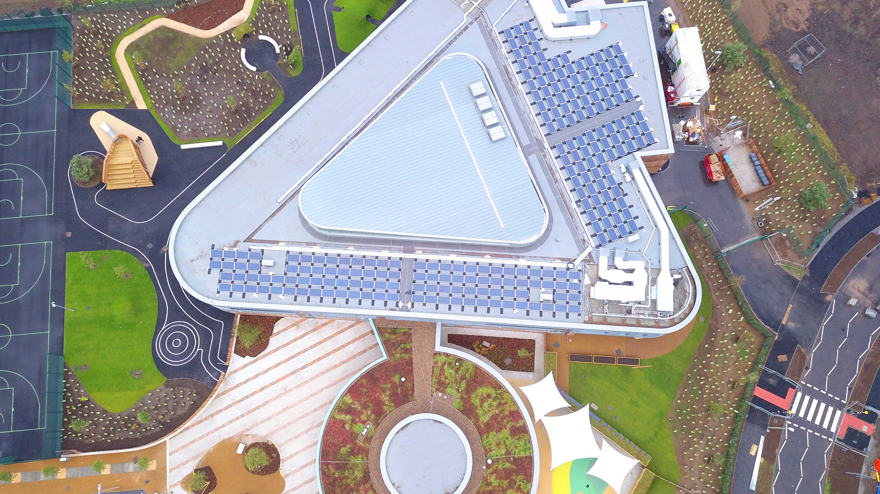 Aerial view of Maidenhill Primary school with new roof installed