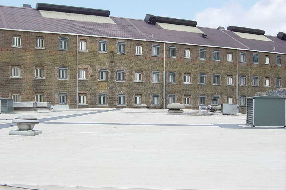 Roof of HMP Pentonville with BauderThermoplan FPO single ply waterproofing system installed