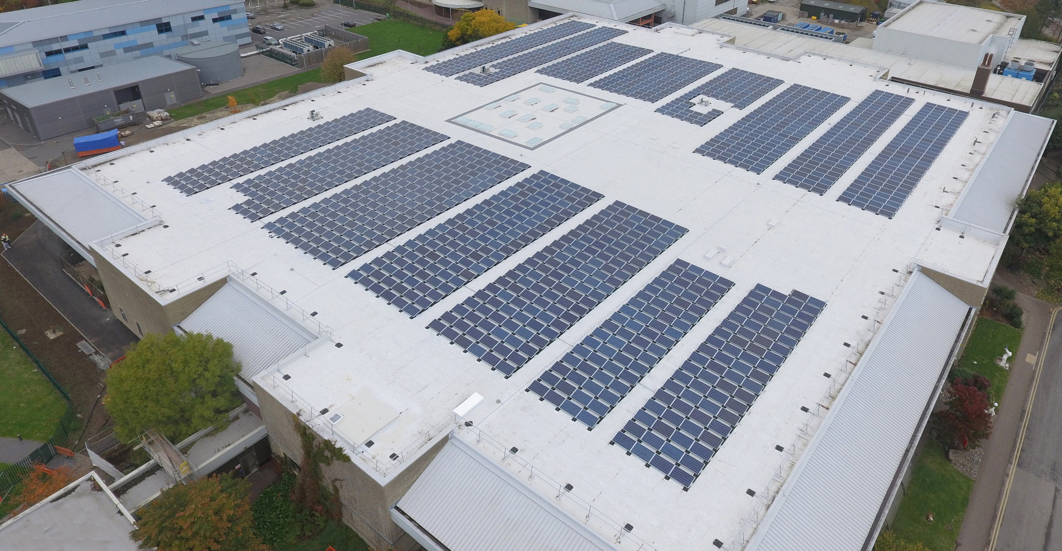 University roof with array of solar panels