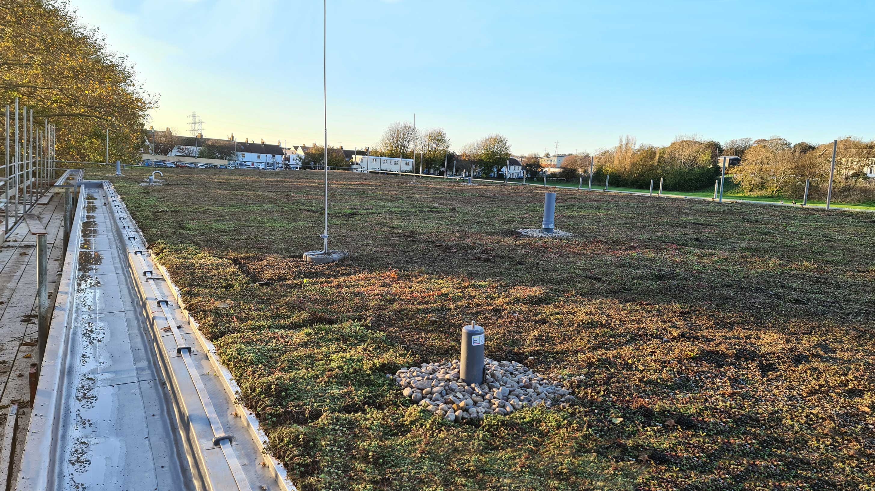 Rooftop of Victoria Road Sports Pavilion showing Bauder green xf 301 sedum system