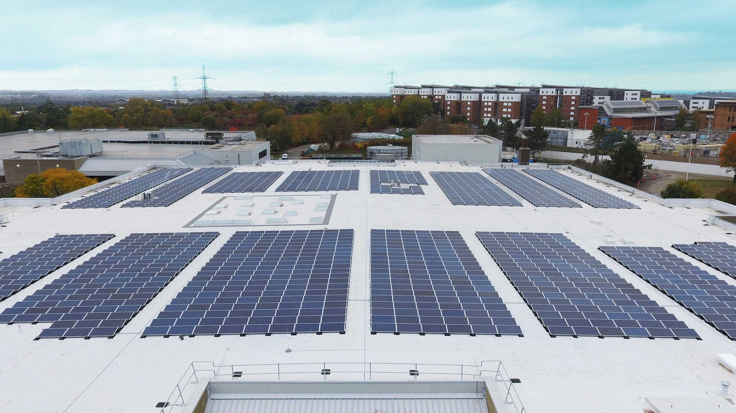 Roof of University of West England Enterprise Zone showing array of solar panels installed on Bauder Thermofol PVC waterproofing system
