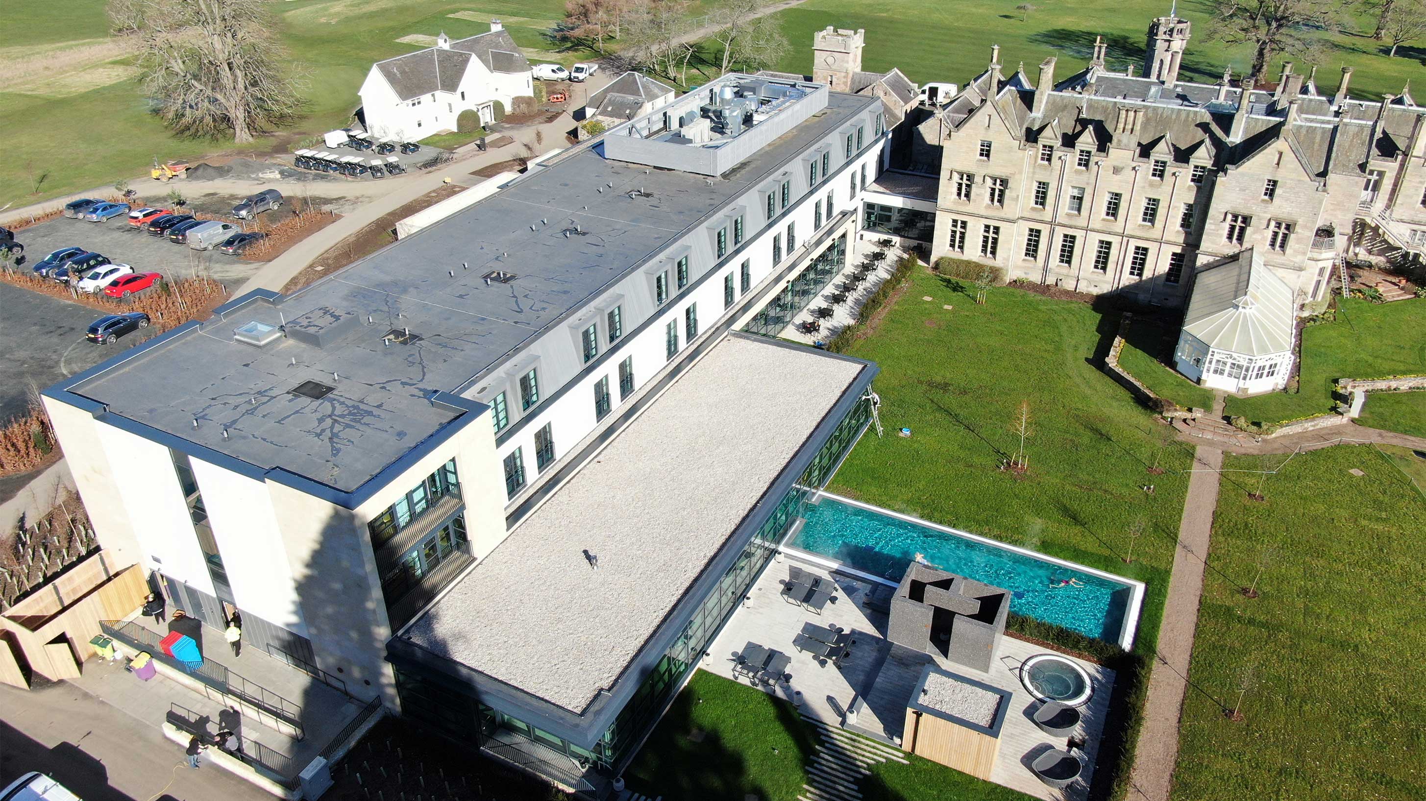 Aerial view of SCHLOSS Roxburghe Hotel Extension with BauderThermofol Single Ply insalled