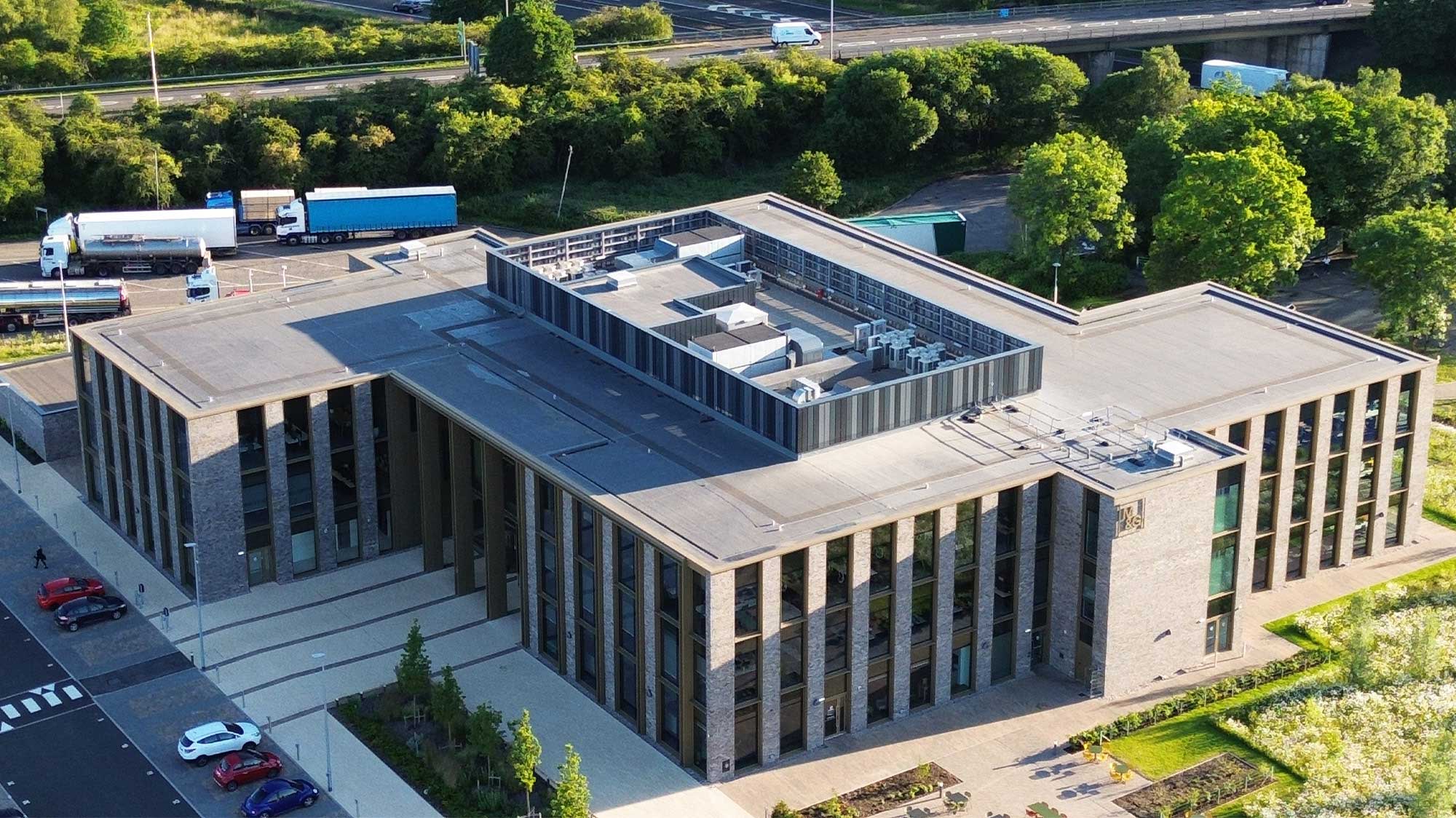 aerial view of M&G Building with Bauder Thermofol PVC single ply waterproofing system installed
