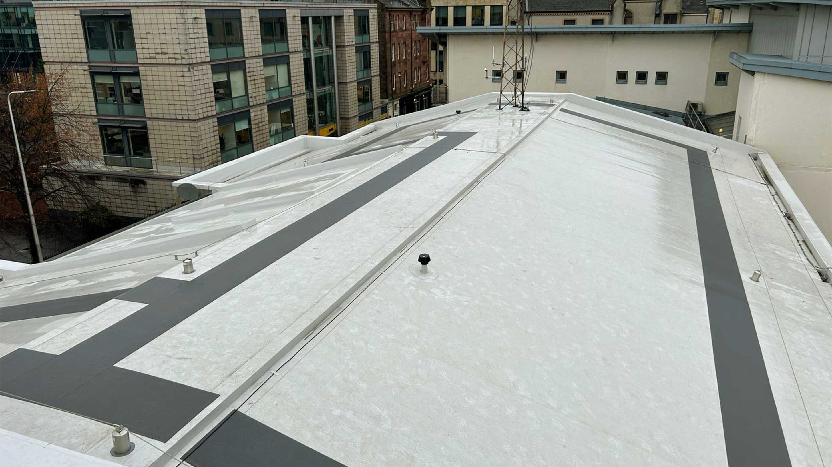 Roof of Tollcross Fire Station showing completed refurbishment project