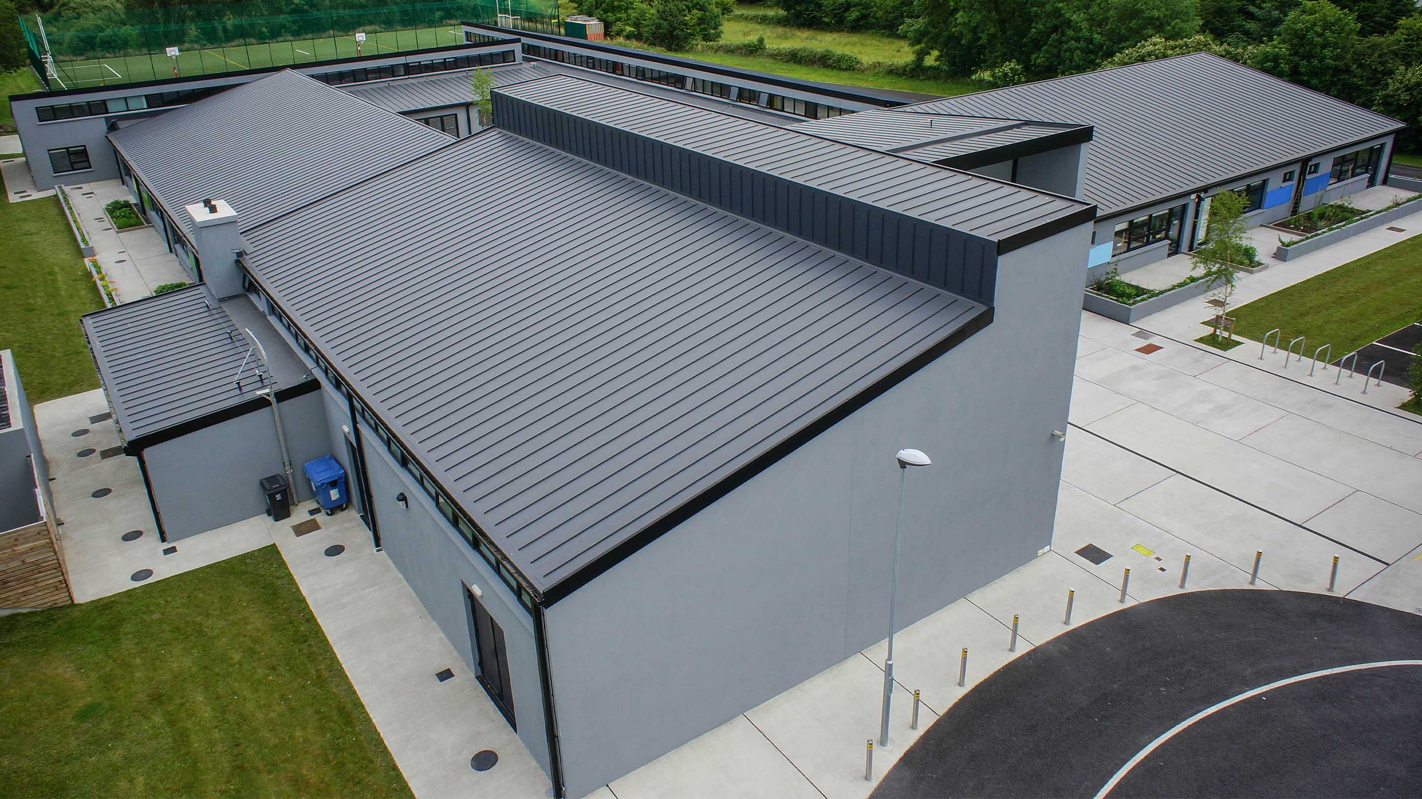 Aerial view of Oughterard National School with Bauder Thermofol PVC single ply waterproofing system installed