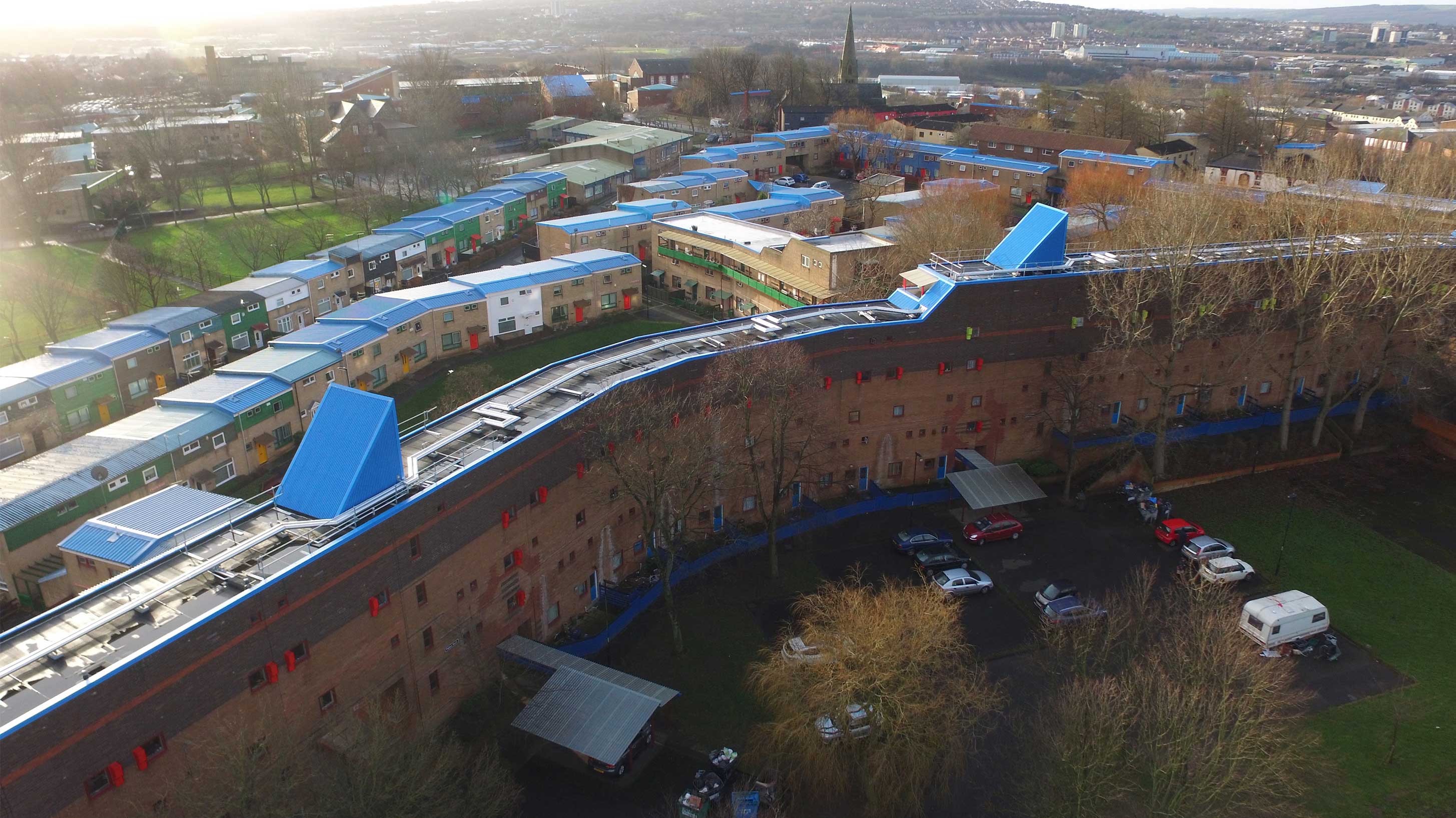 A building in Byker Wall estate, showing roof completed with Bauder Total Roof System 