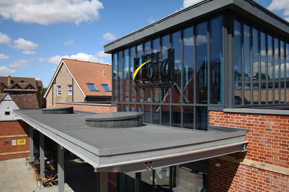 Rooftop of modern building, The Hold, Suffolk, with Bauder bituminous waterproofing system