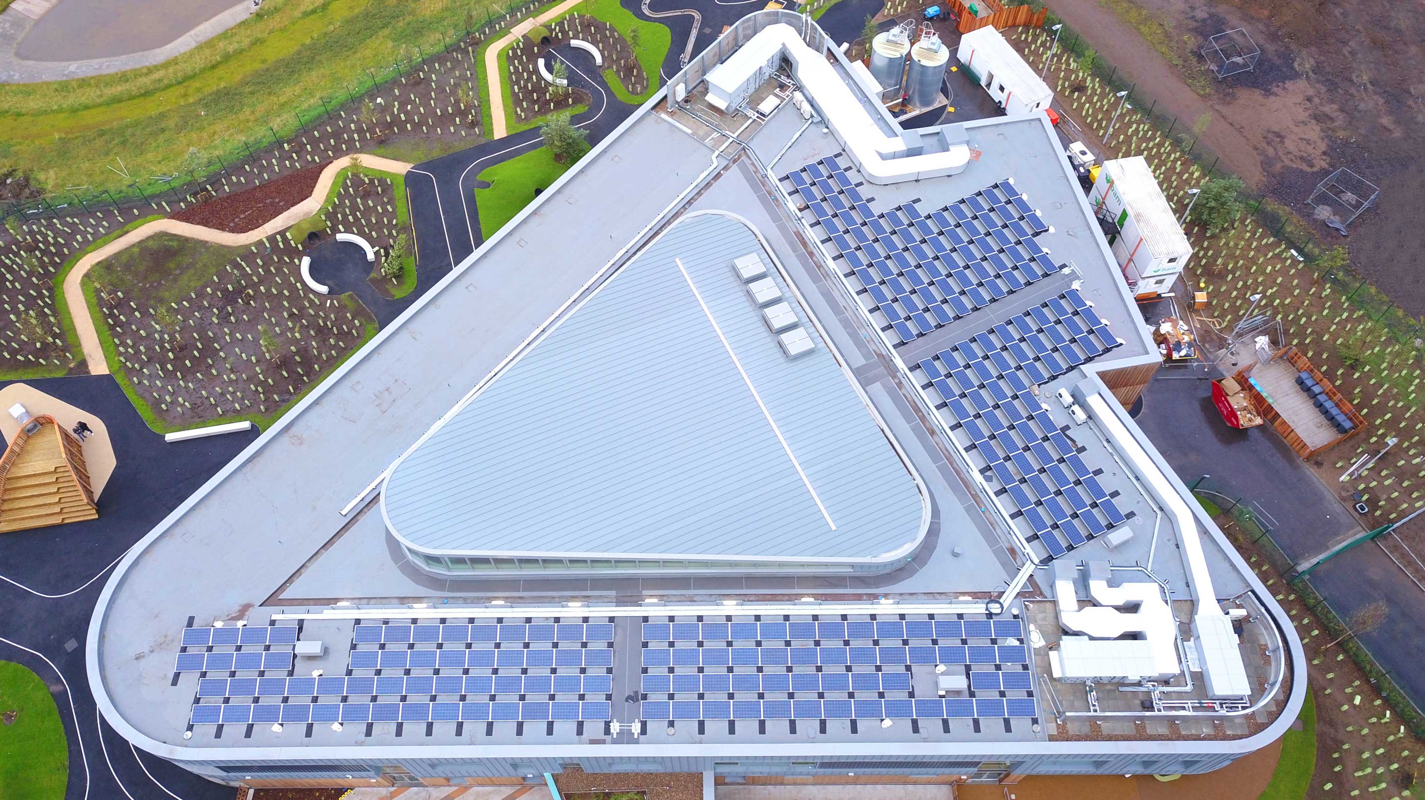 Aerial view of Maidenhill Primary school with new roof installed showing solar panels