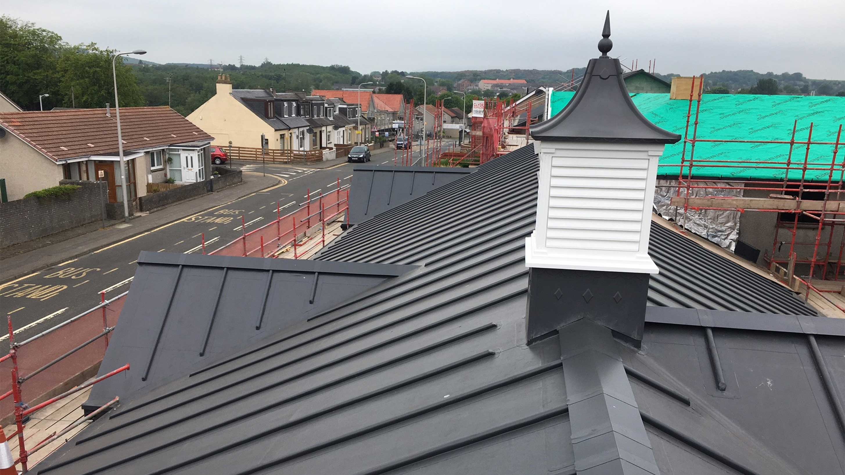 Den Court roof with Bauder Thermofol single ply waterproofing system installed
