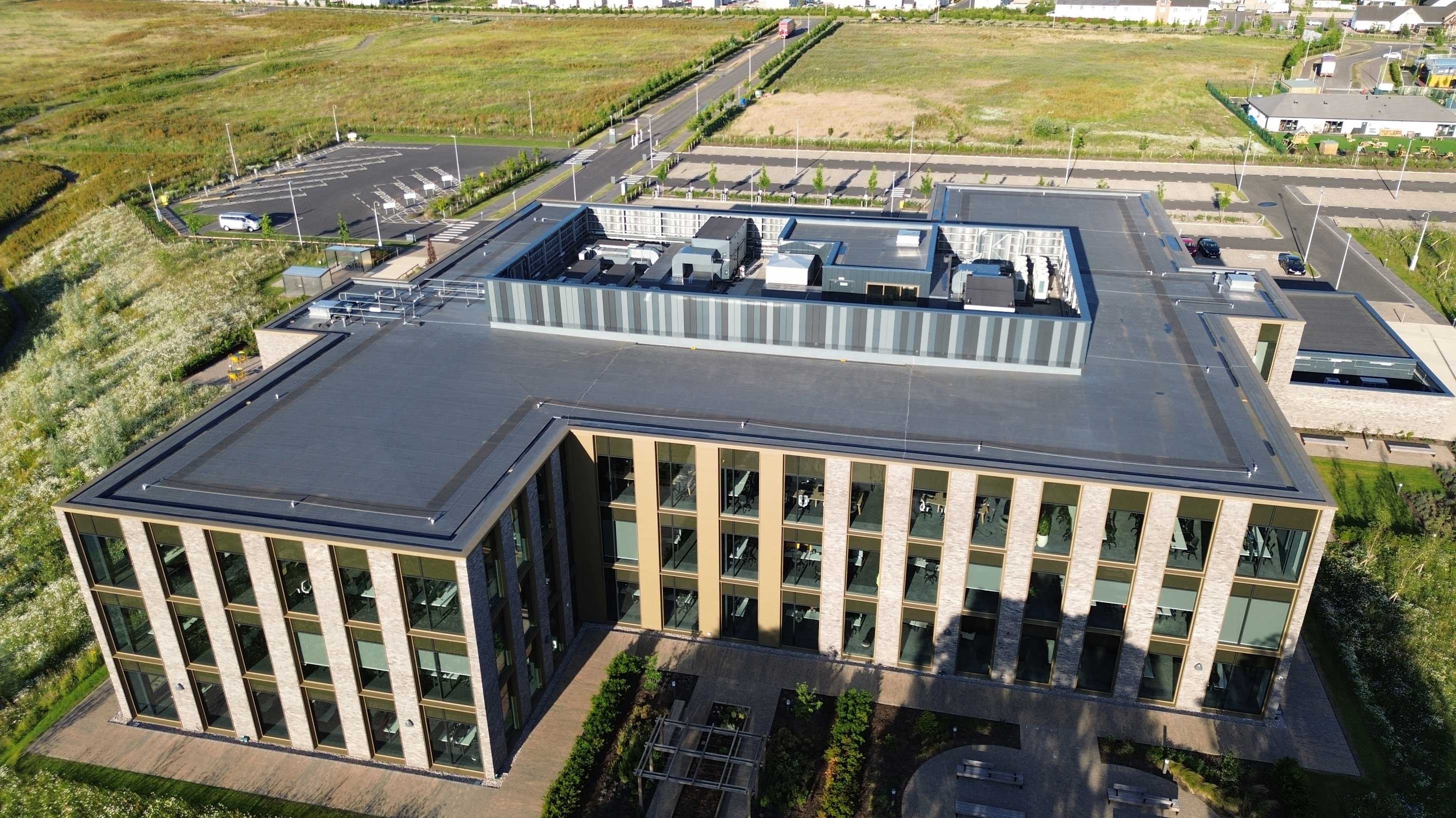 aerial view of M&G Building with Bauder Thermofol PVC single ply waterproofing system installed