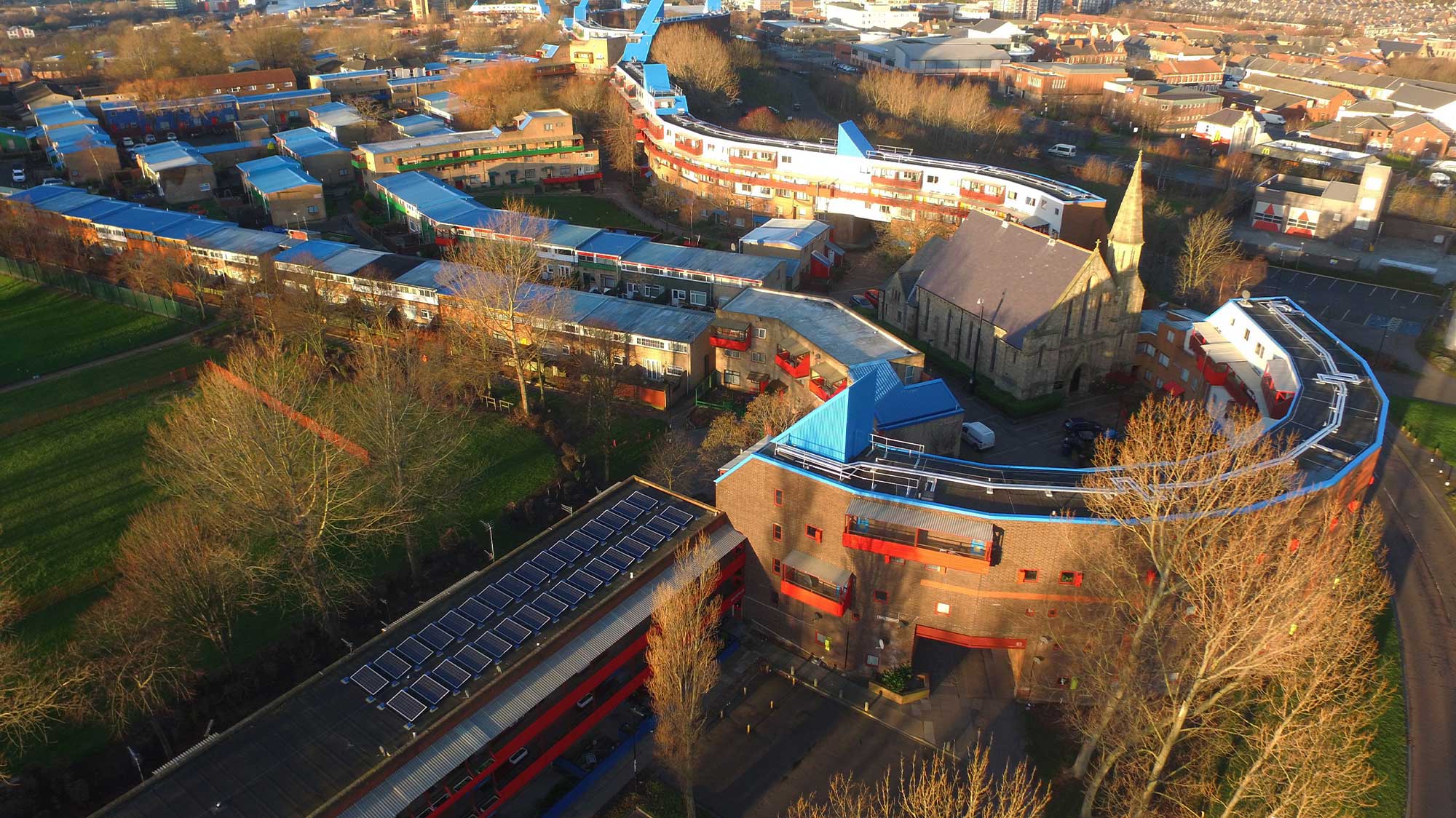 A building in Byker Wall estate, showing roof completed with Bauder Total Roof System