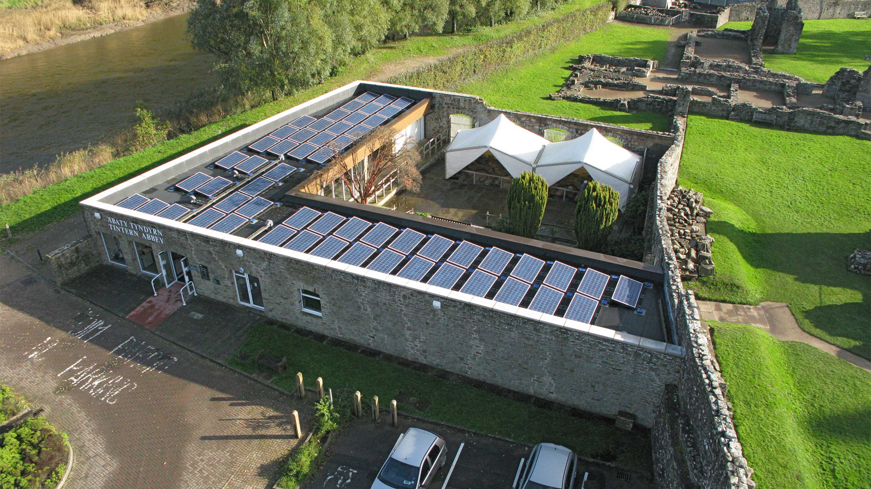 Aerial view of Tintern Abbey Gift Shop surrounded by greenery 