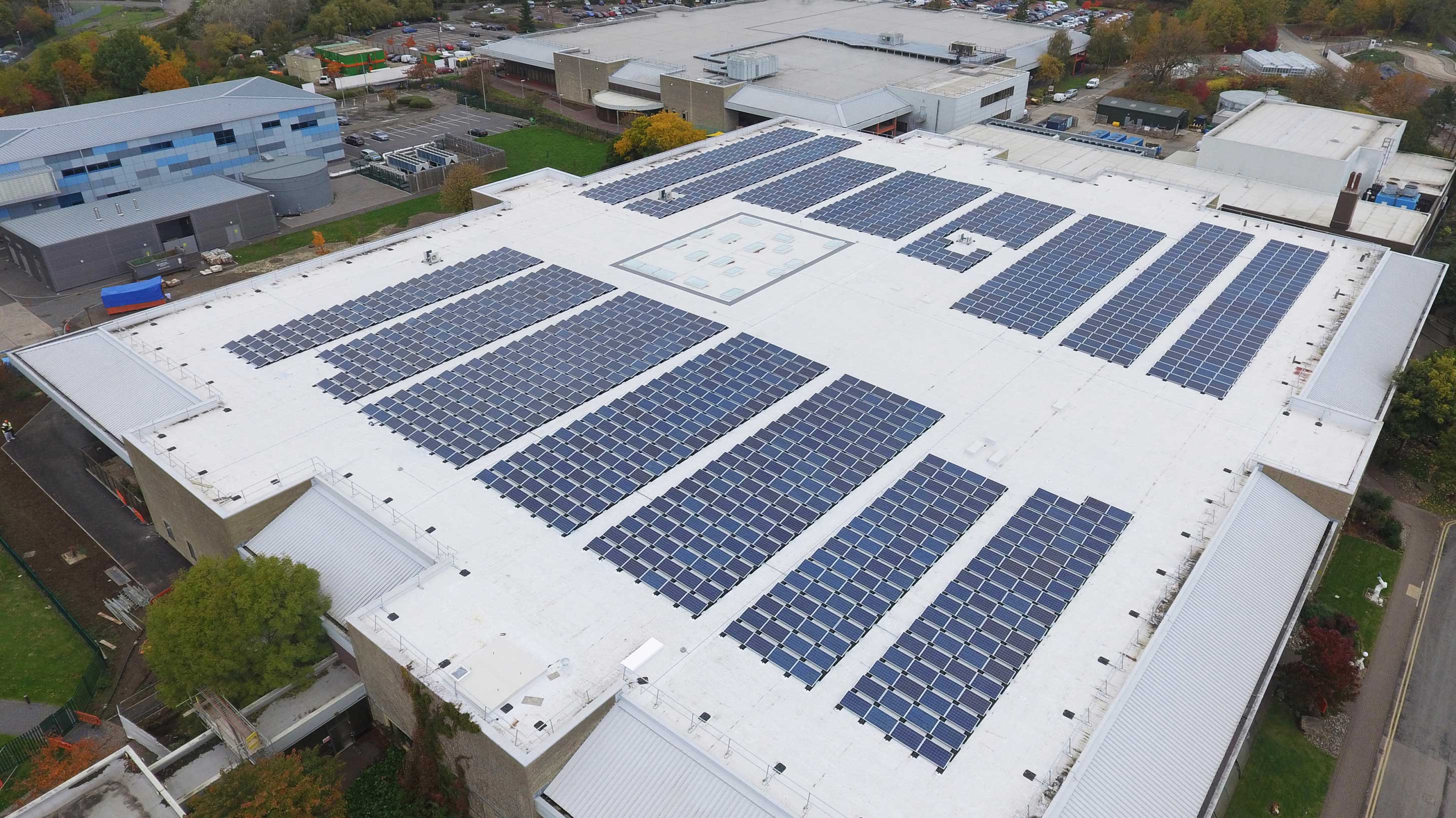 Roof of University of West England Enterprise Zone showing array of solar panels installed on Bauder Thermofol PVC waterproofing system