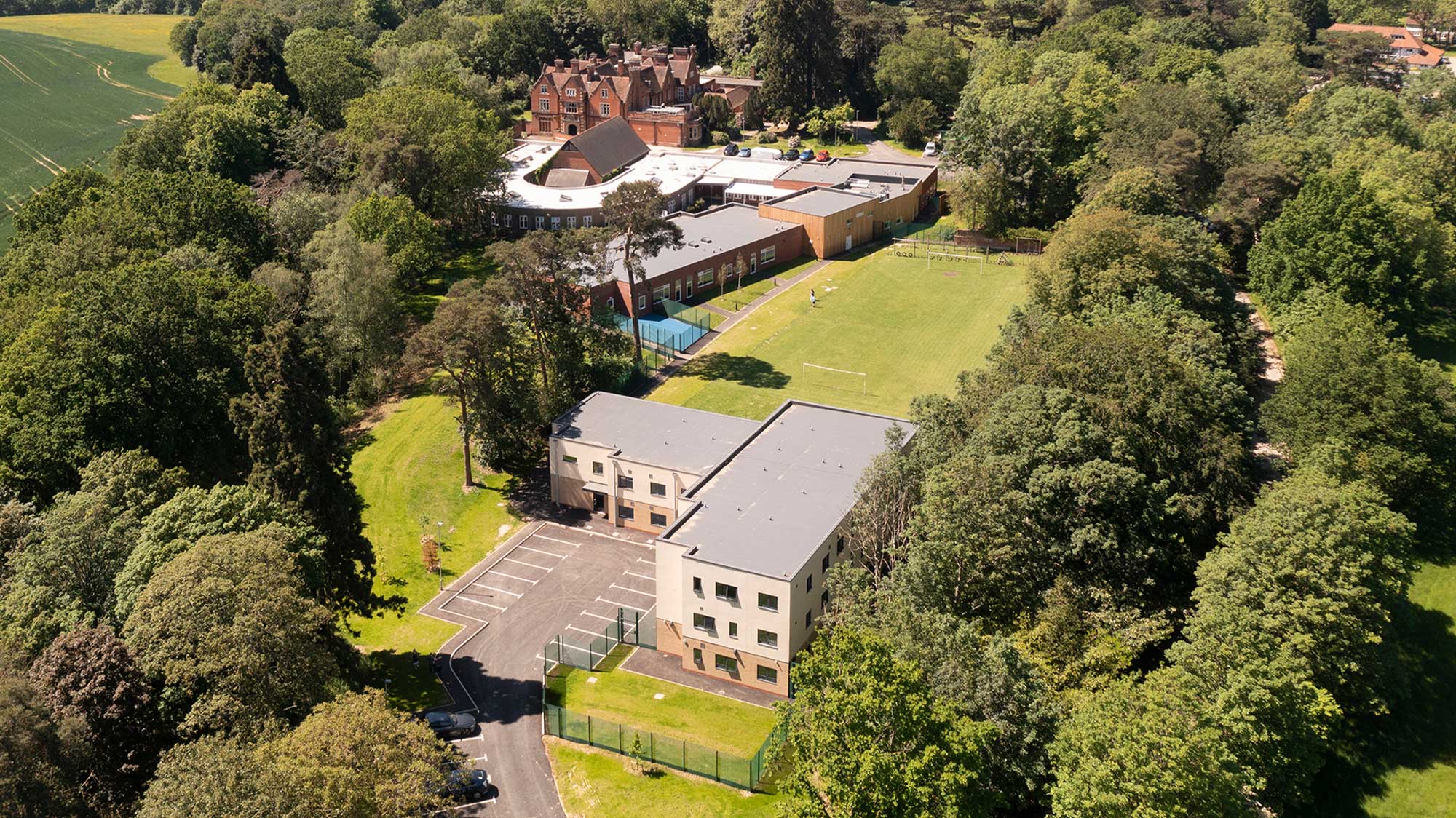 Aerial view of Ramsden Hall Academy with Bauder Thermofol PVC single ply waterproofing system with BauderROCK insulation