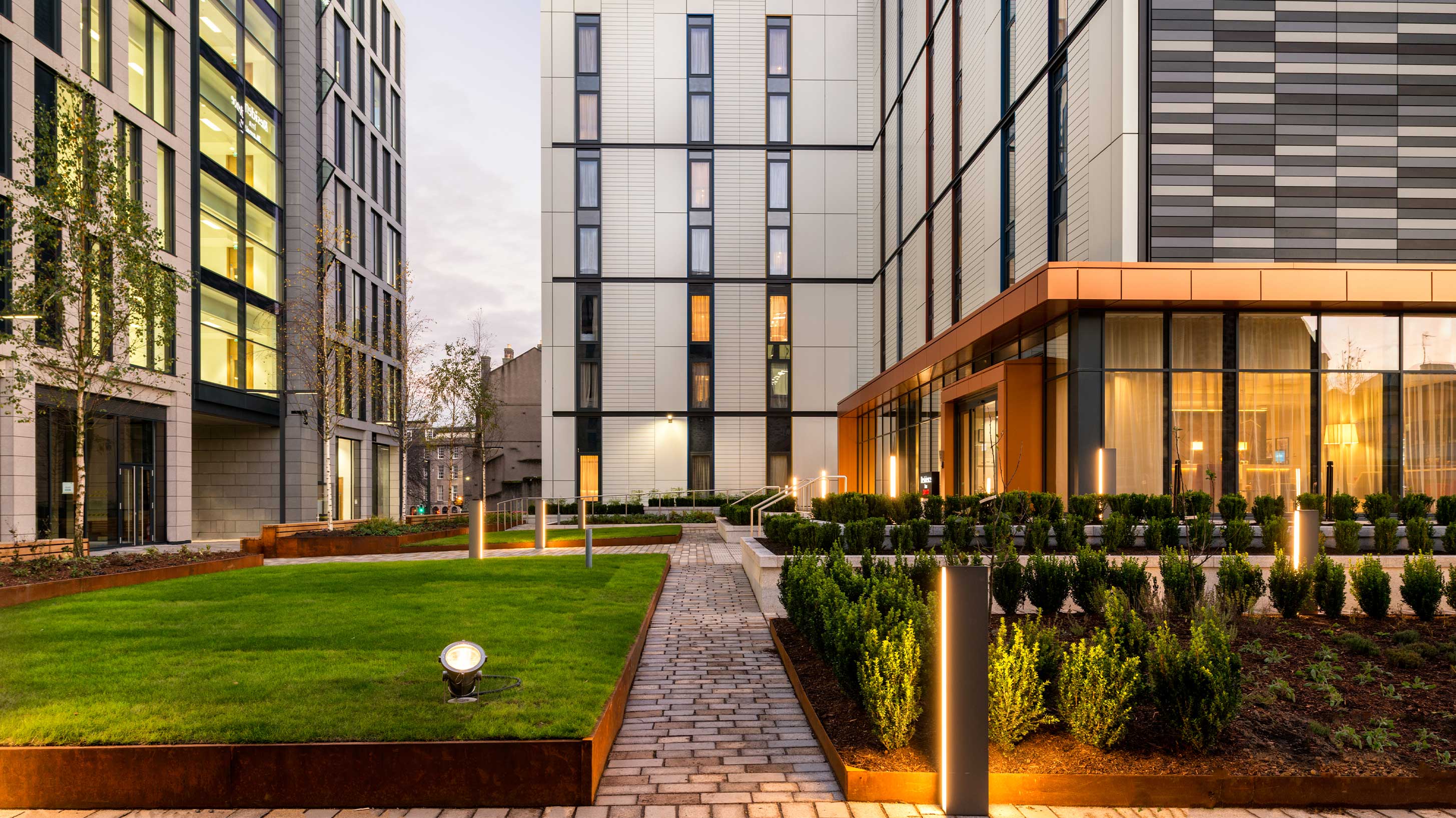 sunset view of Marischal-Square, a modern building in Aberdeen