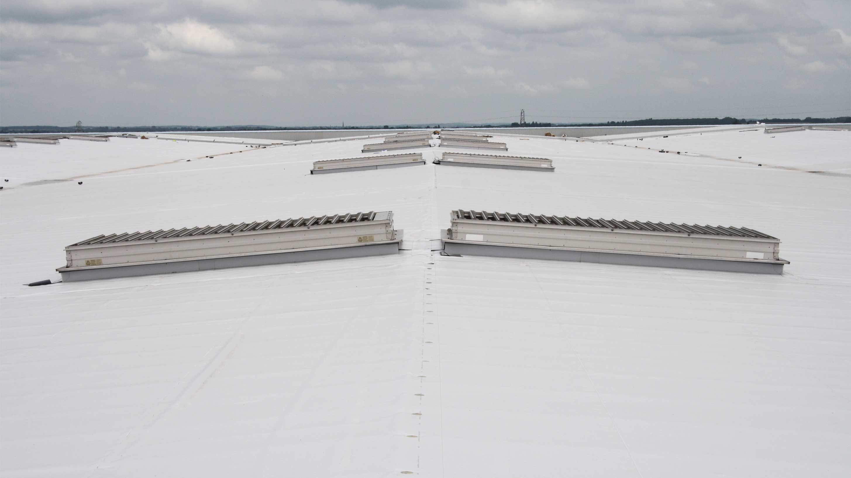 Roof of Primark Distribution Centre with BauderThermofol PVC single ply waterproofing system installed