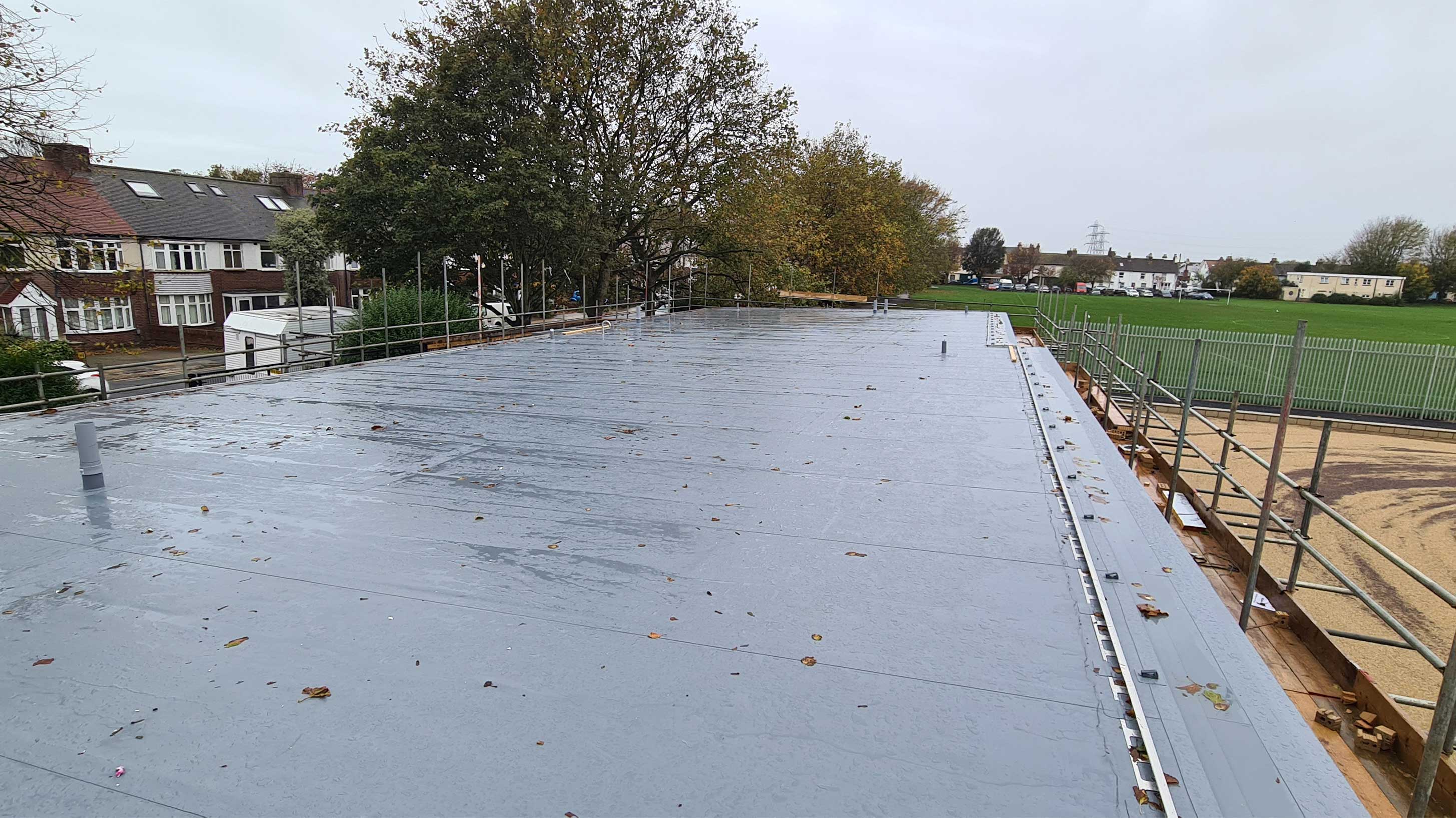 Rooftop of Victoria Road Sports Pavilion showing Bauder thermofol single ply waterproofing system