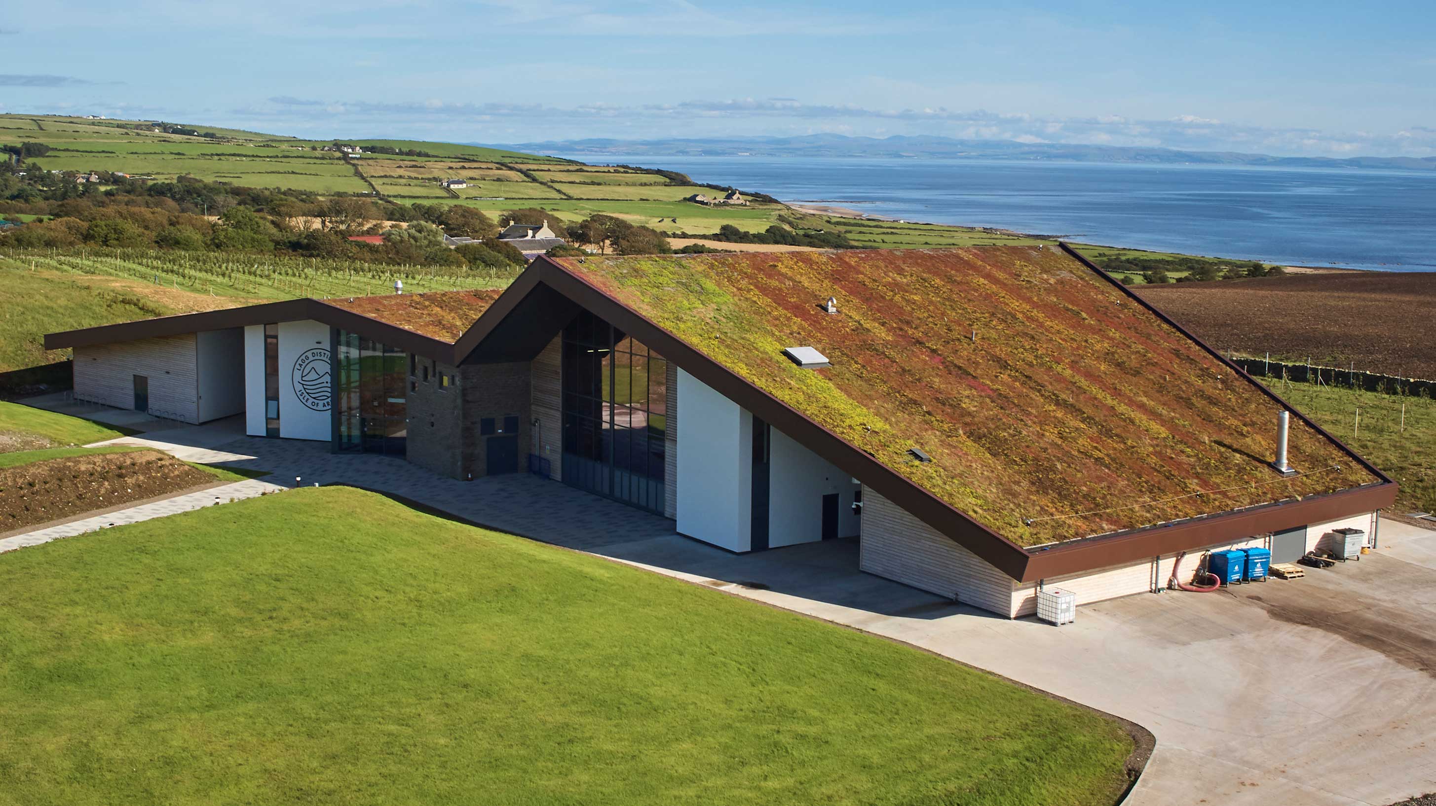 Aerial view of Lagg Distillery in Scotland with Bauder Total Green Roof System installed