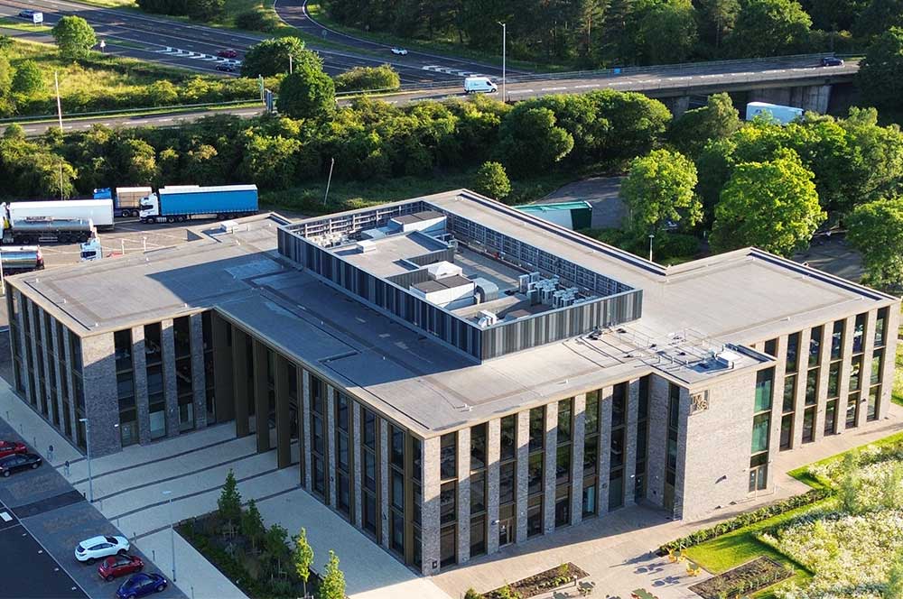 aerial view of M&G Building with Bauder Thermofol PVC single ply waterproofing system installed