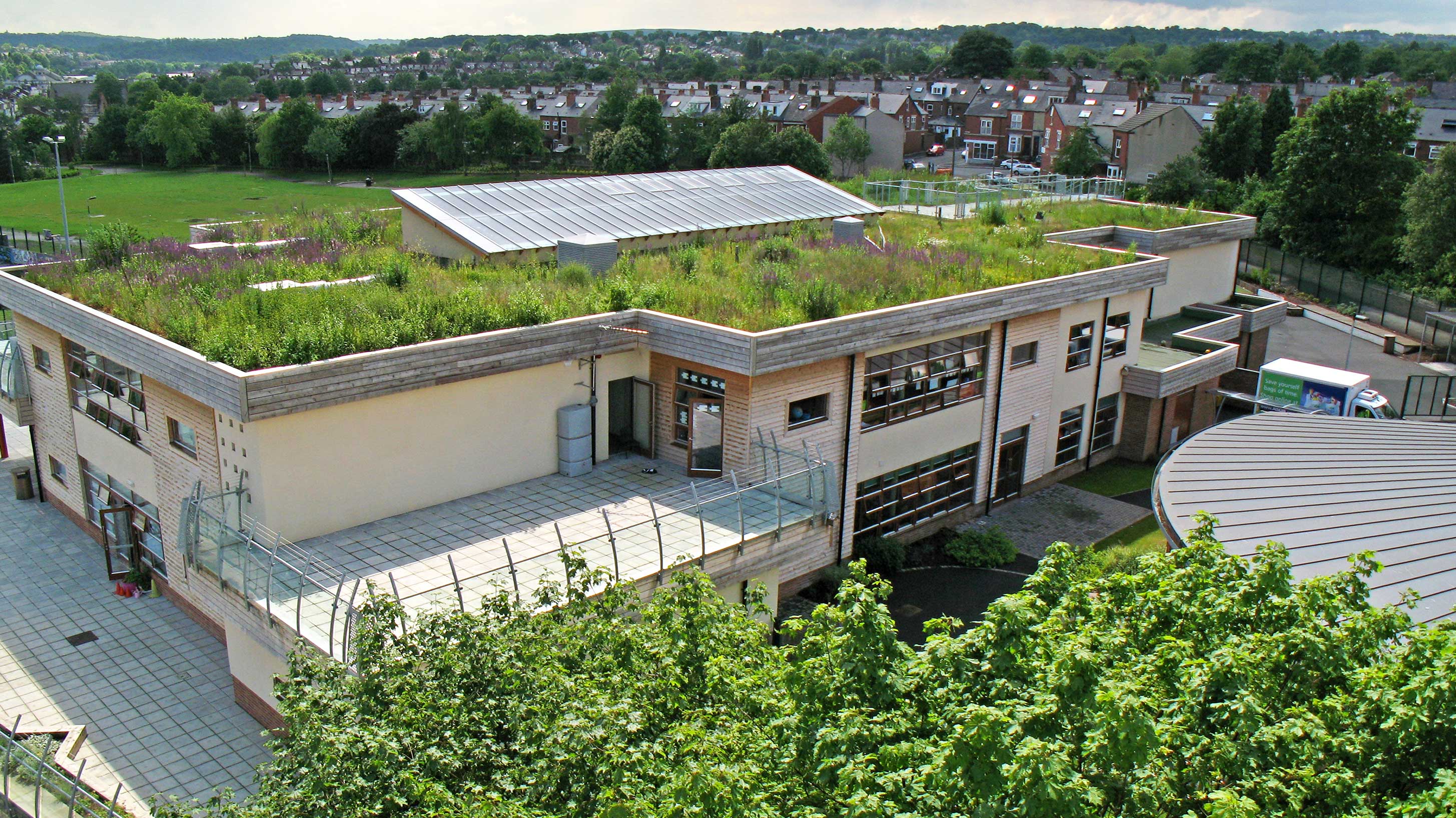 Sharrow Primary School building showing Biodiverse green roof