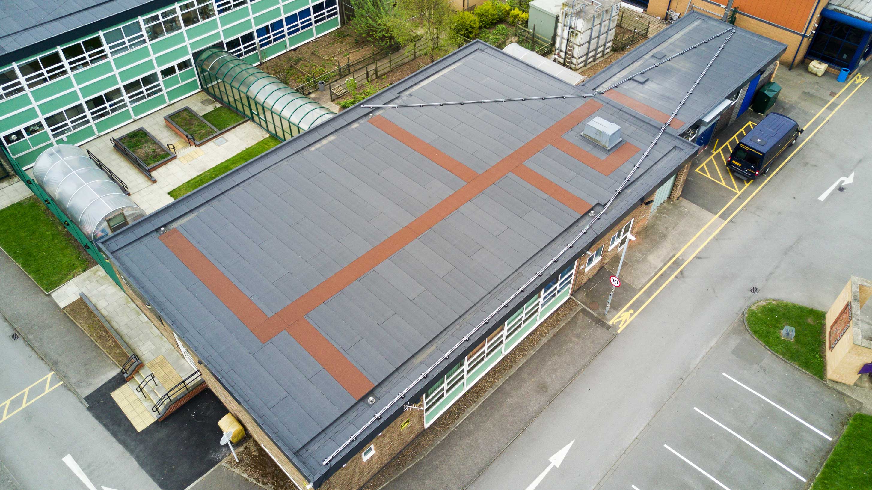 Aerial view of Airedale Academy showing Bauder Total Roof System