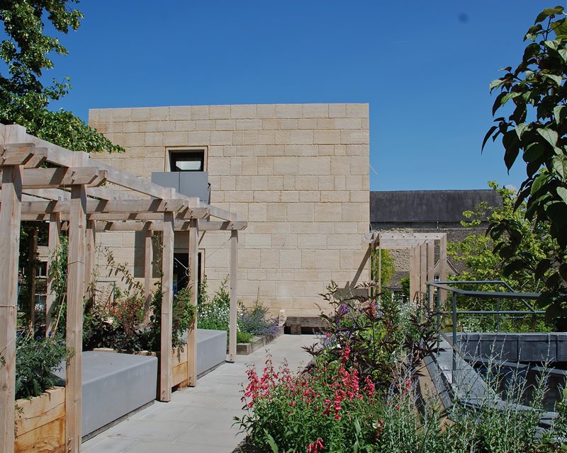 terrace with pergola surrounded by greenery