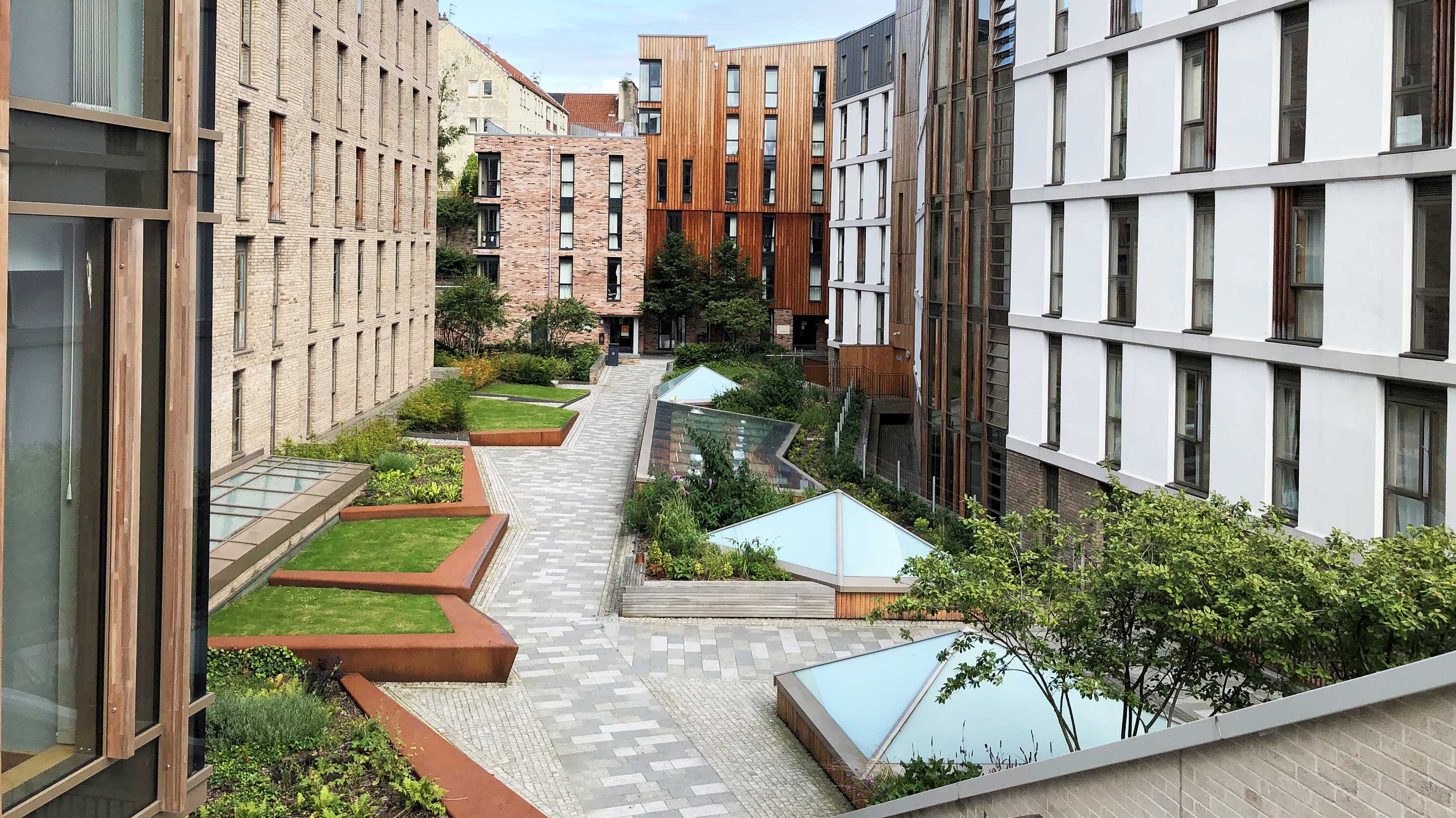 Accessible green roofs and gardens are used for recreational and leisure purposes.