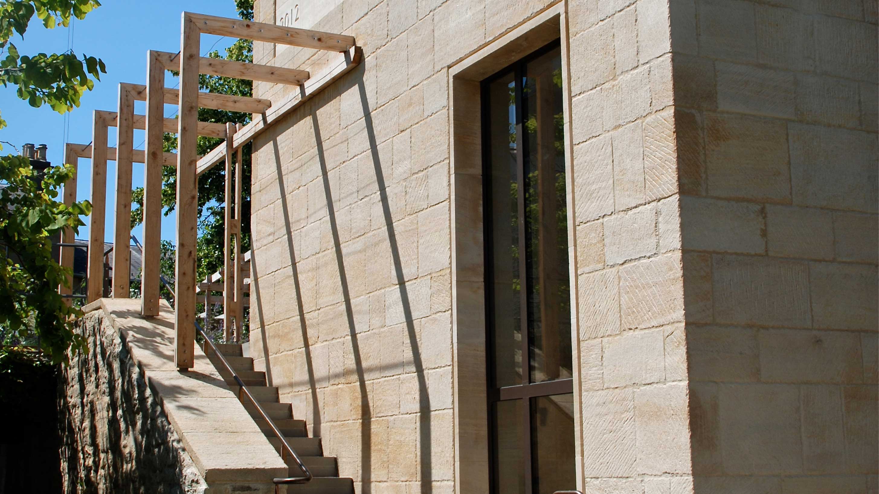 Modern design of staircase leading to Wadham College roof terrace