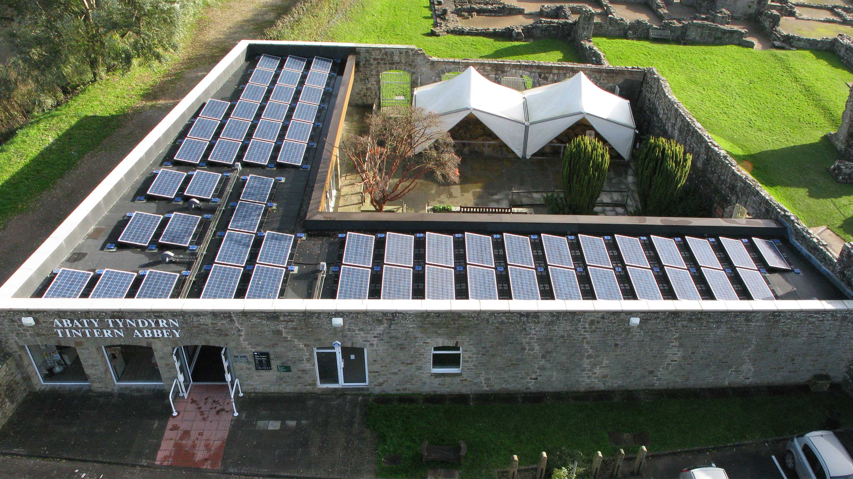 Tintern Abbey Gift Shop with Bauder Total Roof System installed with Bauder solar PV system