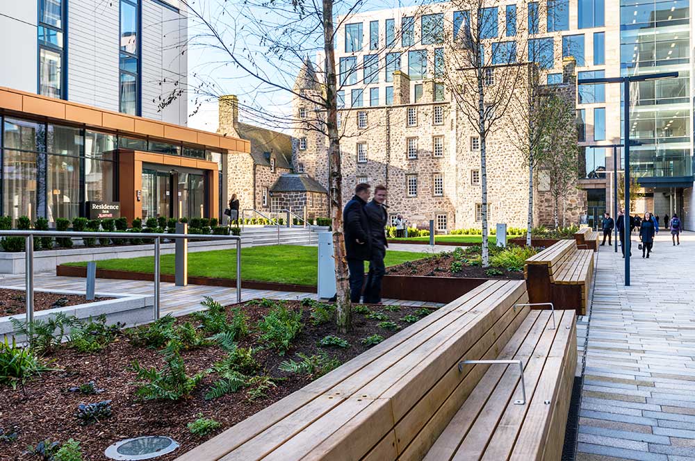 Accessible green roofs and gardens are used for recreational and leisure purposes.