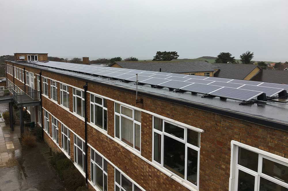 Sheringham High School showing rooftop with Bauder total roof system and solar panels