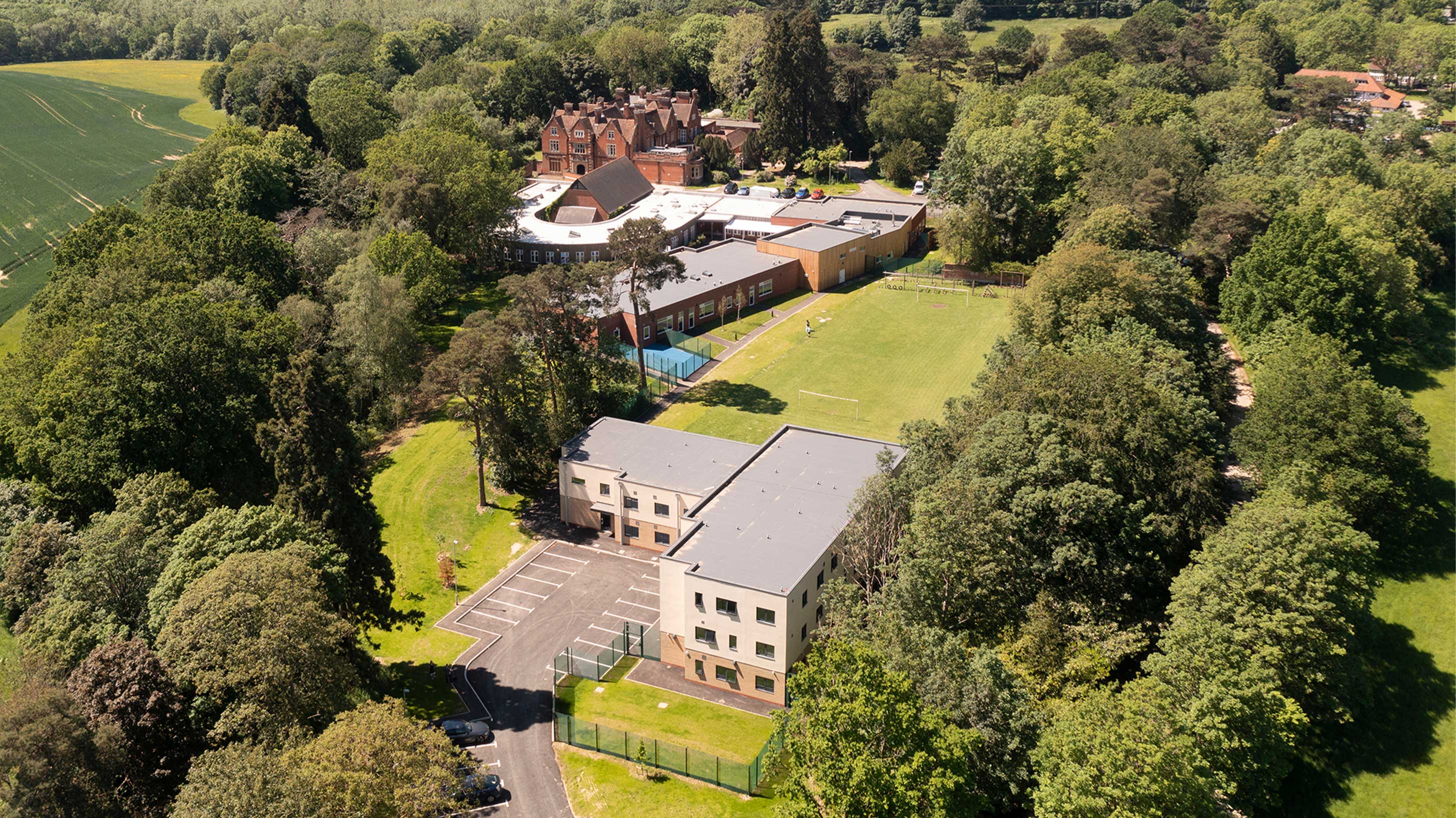 Aerial view of Ramsden Hall Academy with Bauder Thermofol PVC single ply waterproofing system with BauderROCK insulation