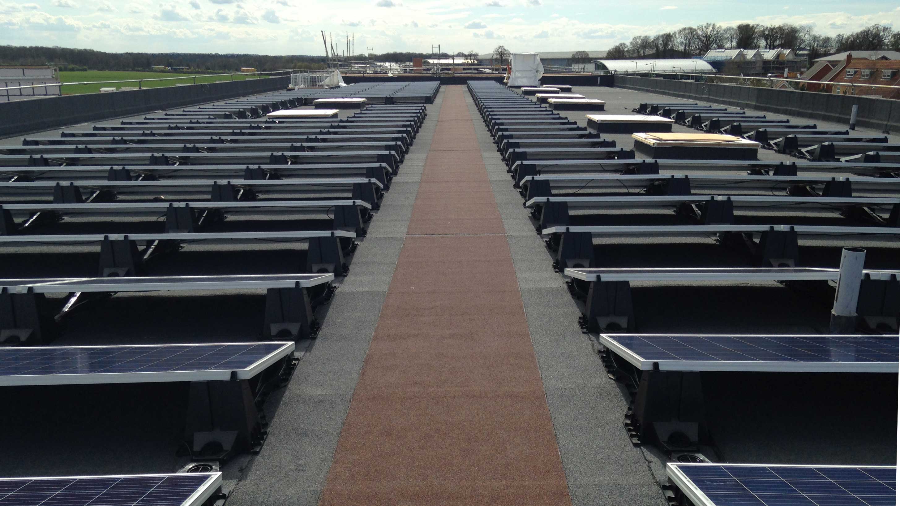 Array of bauder solar panels with walkway