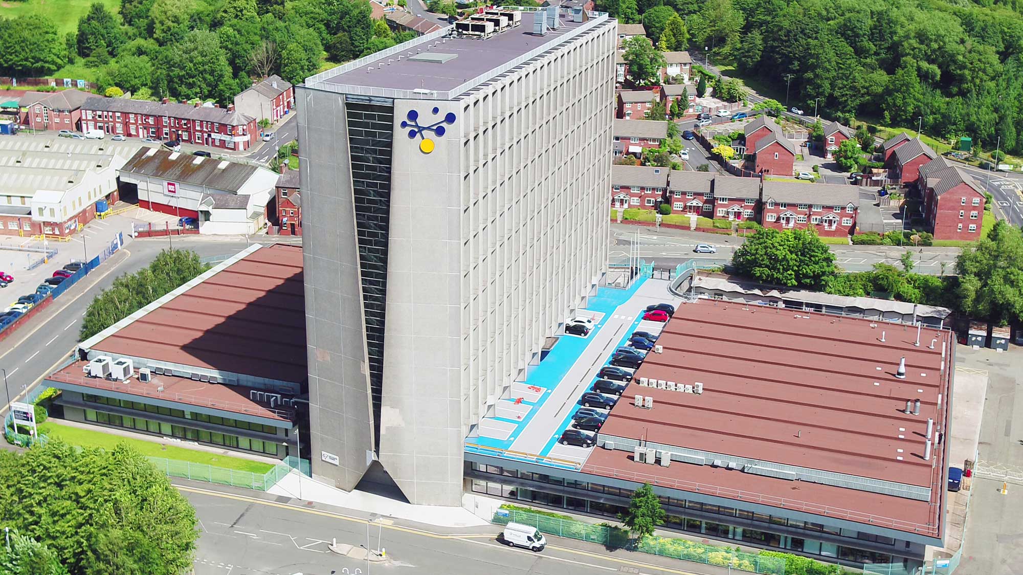 Aerial view of Hexagon Tower, Manchester, with Bauderflex bituminous waterproofing system installed on roof