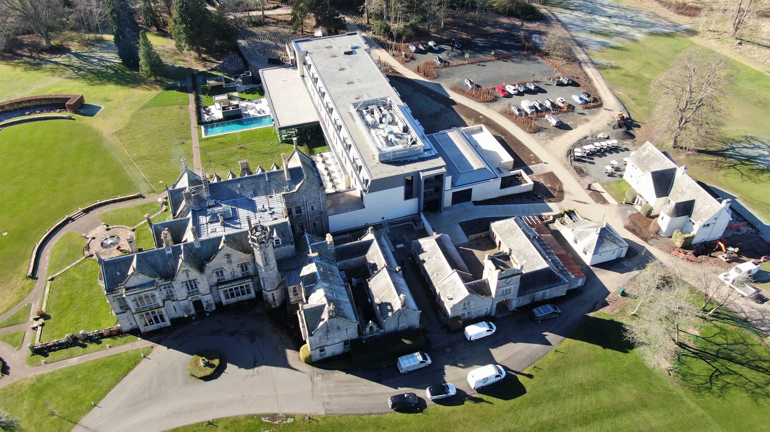 Aerial view of Roof of SCHLOSS Roxburghe Hotel Extension with BauderThermofol Single Ply insalled
