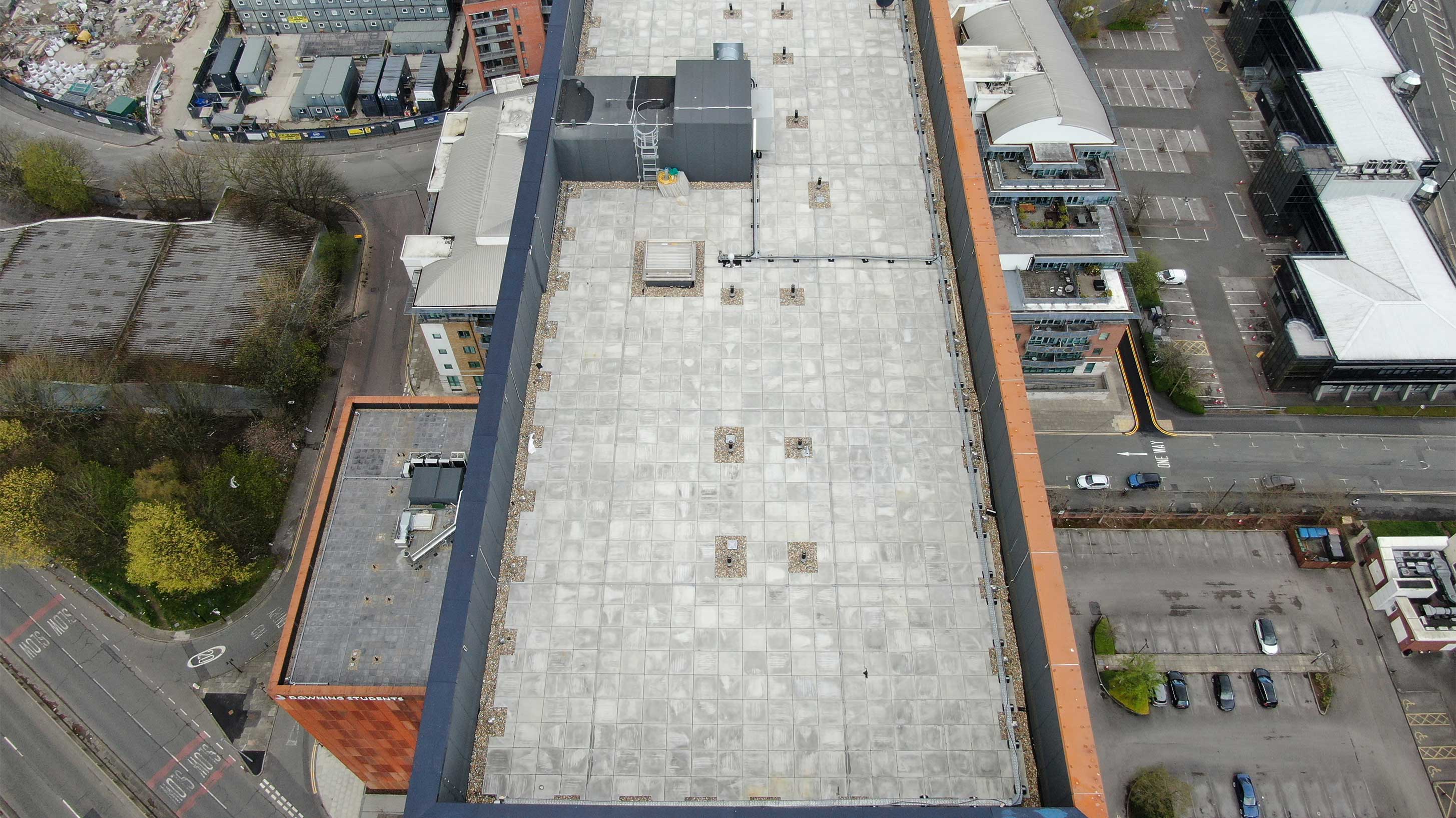 Aerial view of River Street Tower with Bauder Bakor Hot Melt structural waterproofing system with mixed landscaping