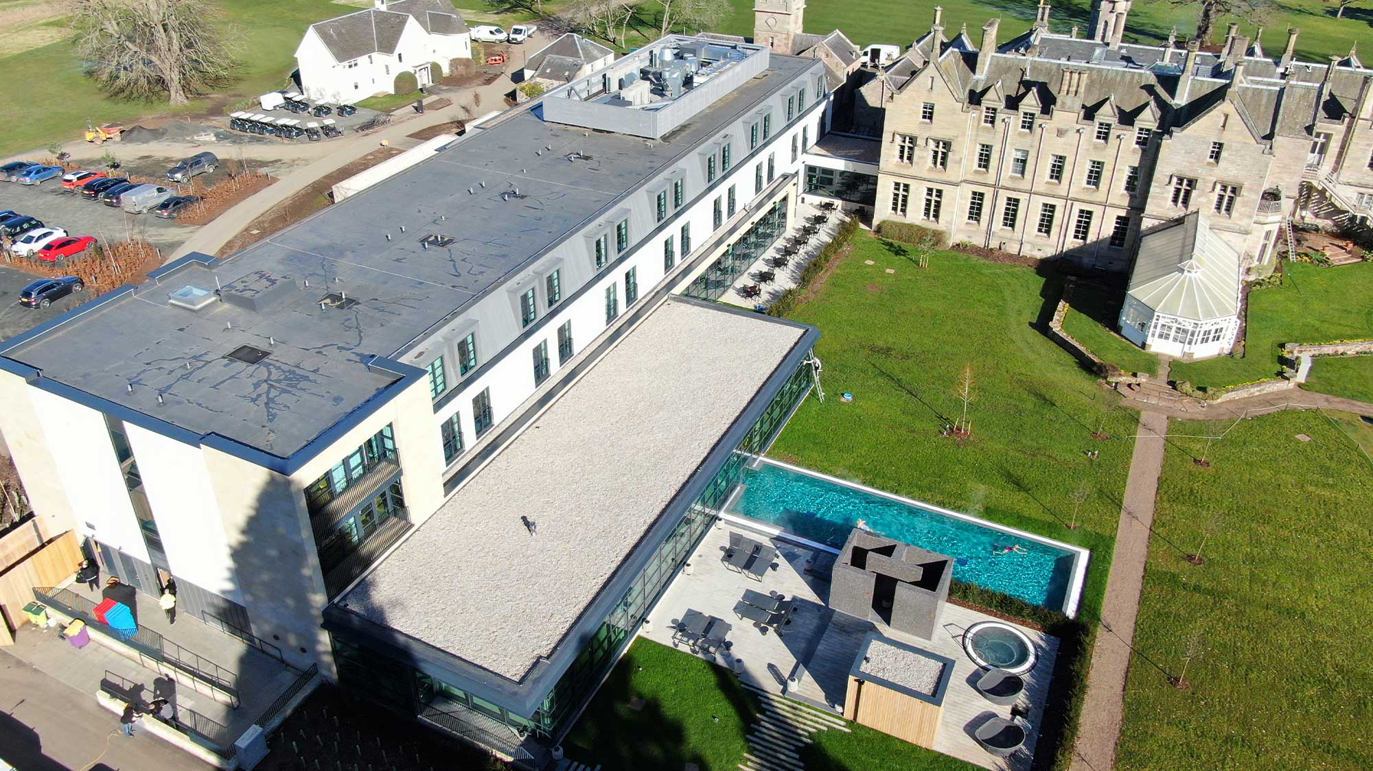 Roof of SCHLOSS Roxburghe Hotel Extension with BauderThermofol Single Ply insalled