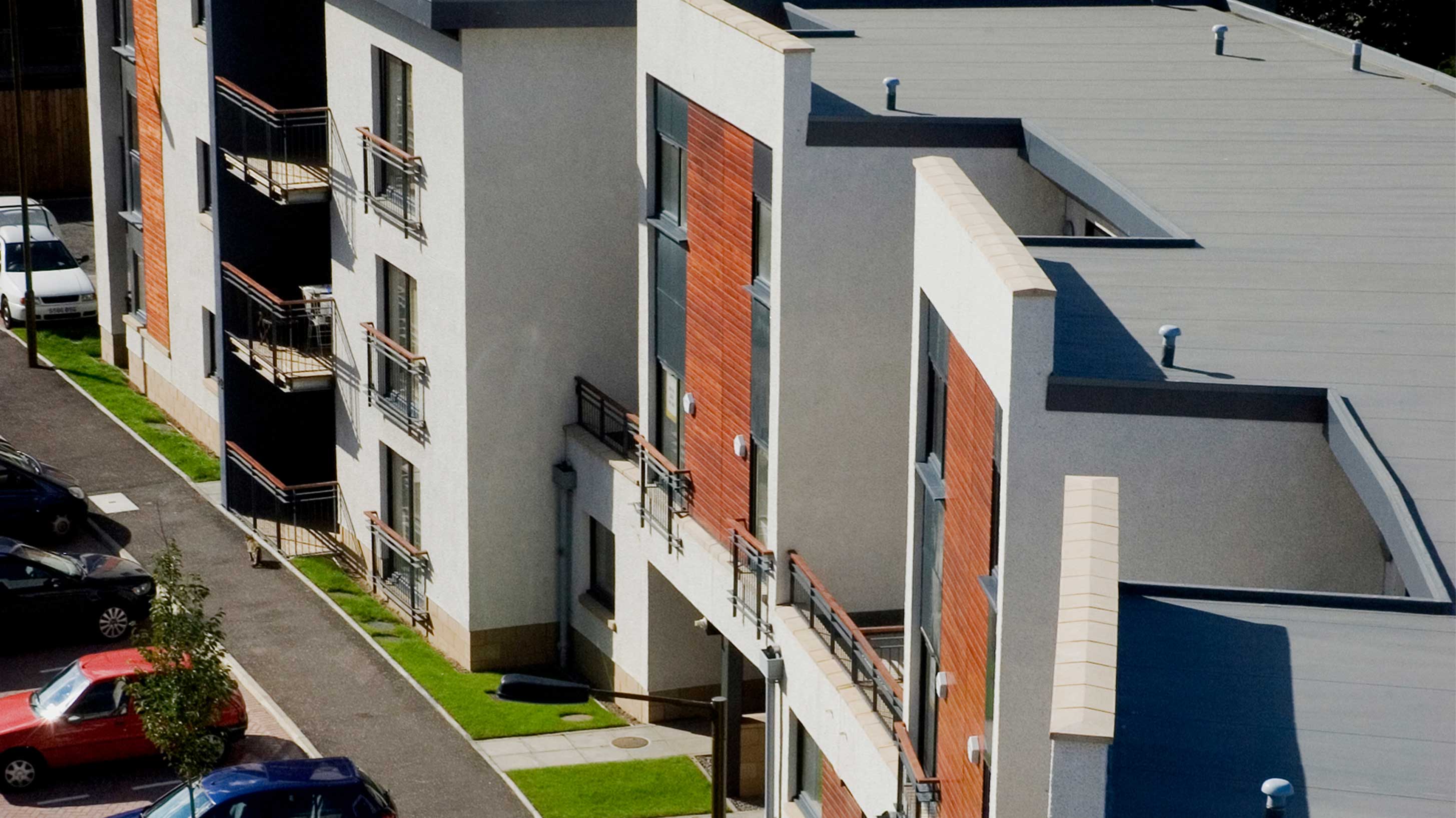 Modern housing development, The strada, showing bauder Thermofol PVC single ply waterproofing system