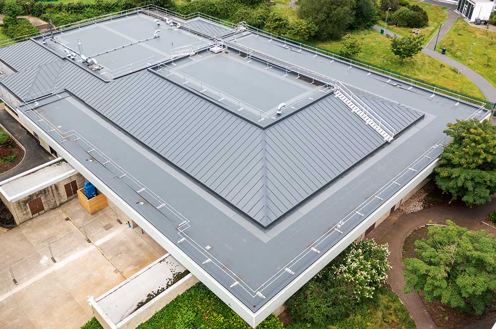 University roof with bauder thermofol pvc single ply roof system with Infill Overlay System