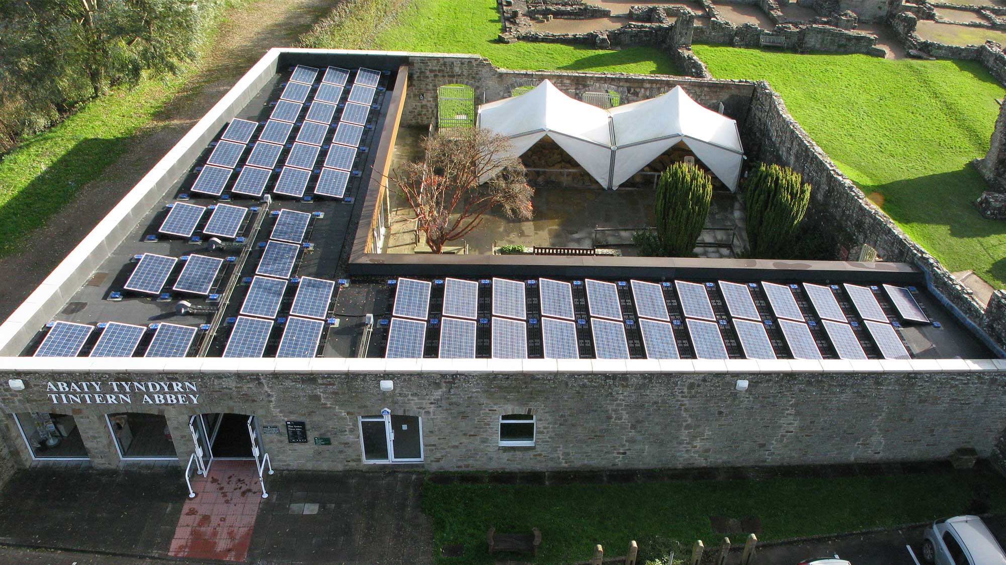 Tintern Abbey Gift Shop with Bauder Total Roof System installed with Bauder solar PV system